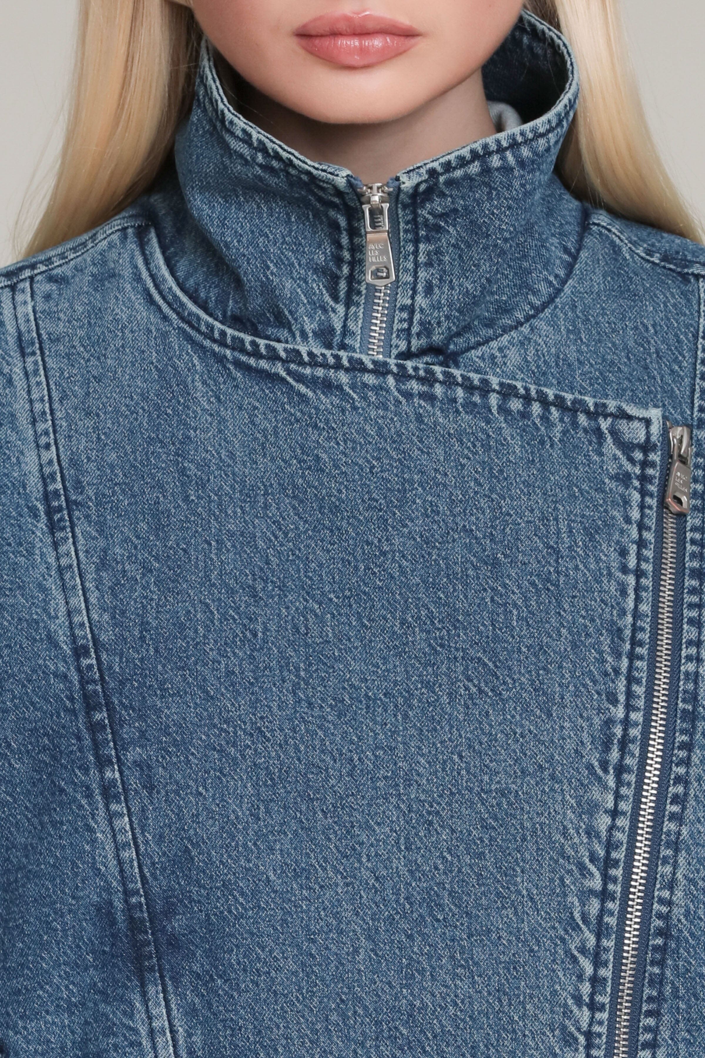 Washed Denim Asymmetric Bomber Jacket - Image 7
