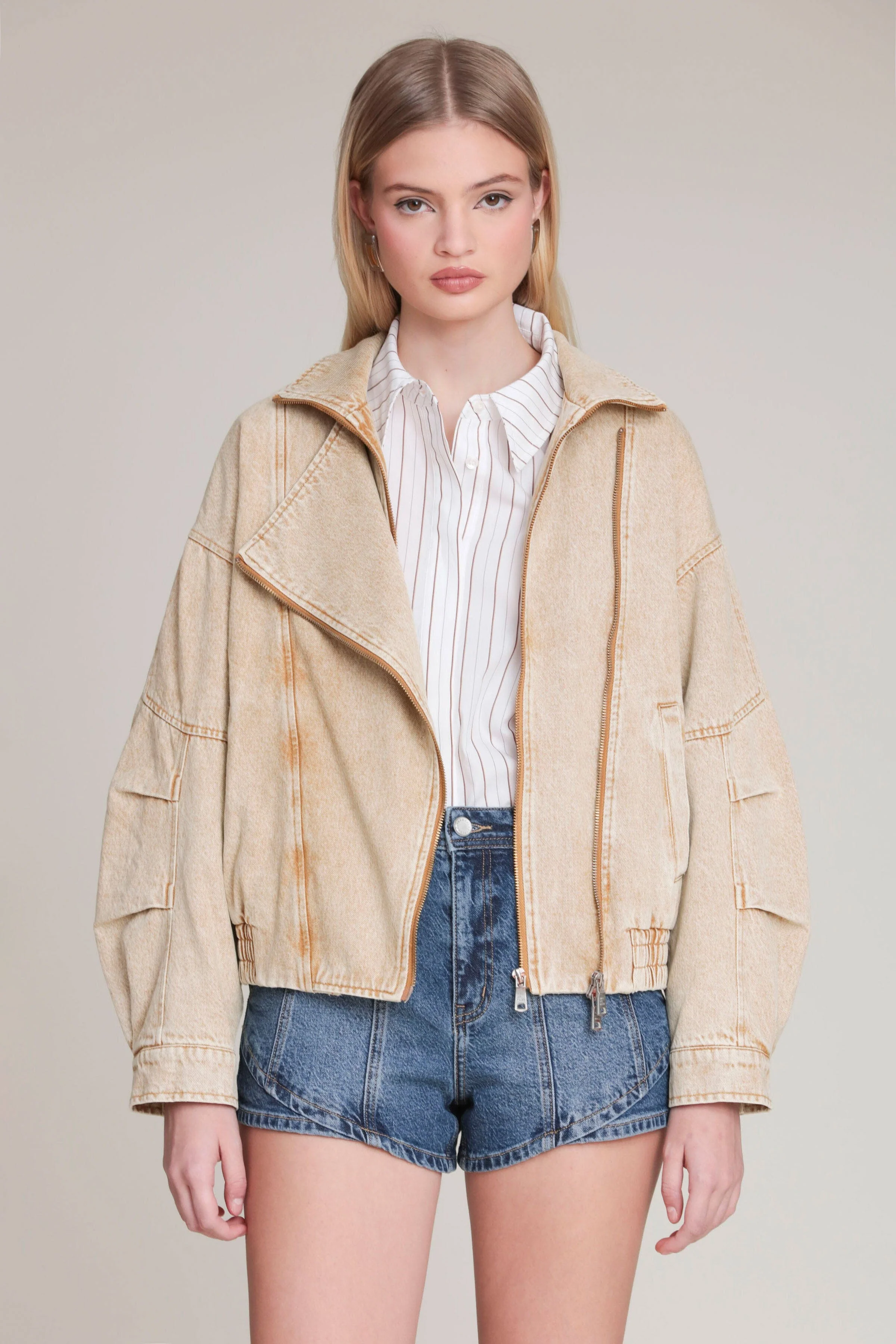 Washed Denim Asymmetric Bomber Jacket - Image 3