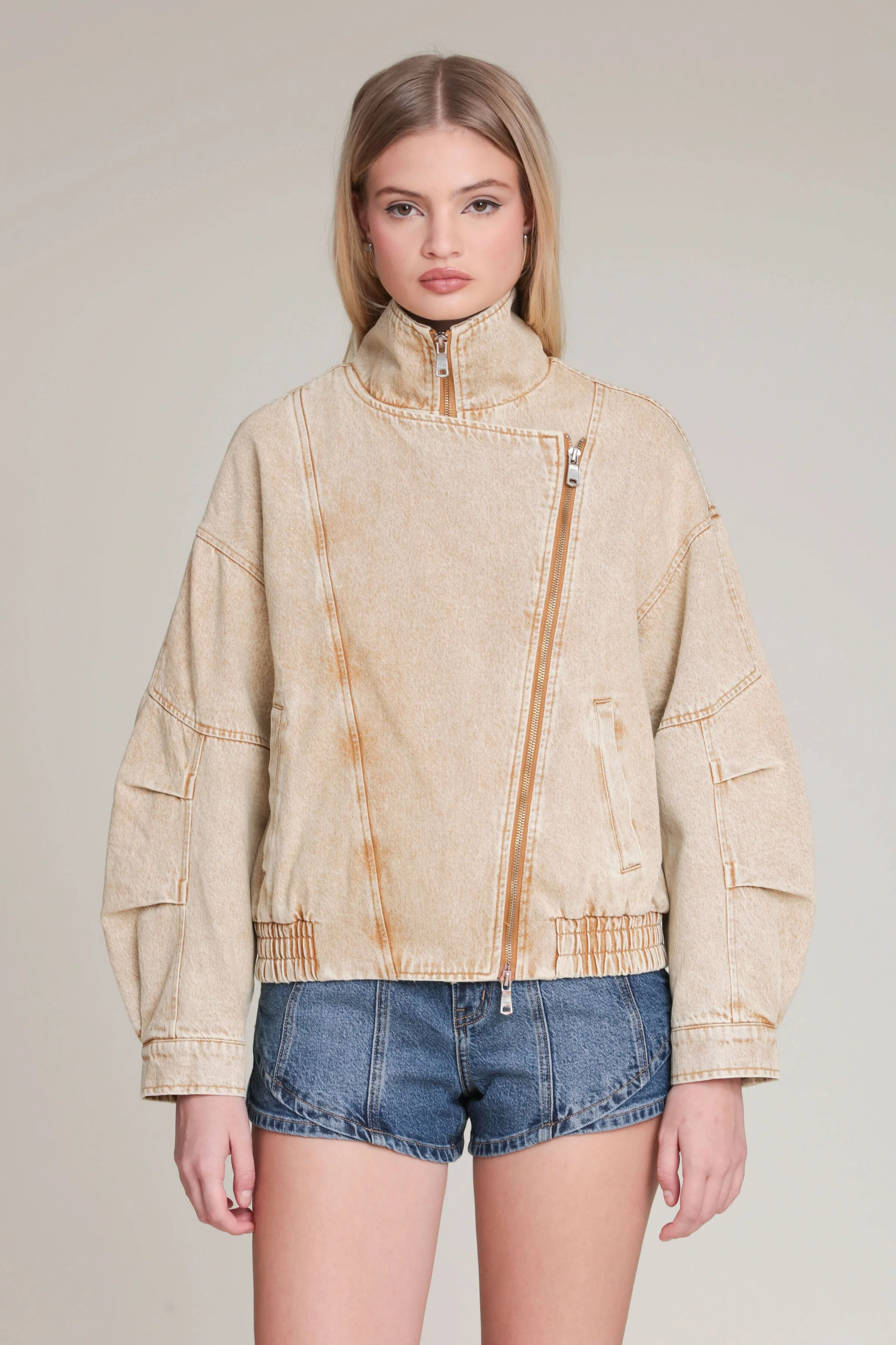 Washed Denim Asymmetric Bomber Jacket - Image 4