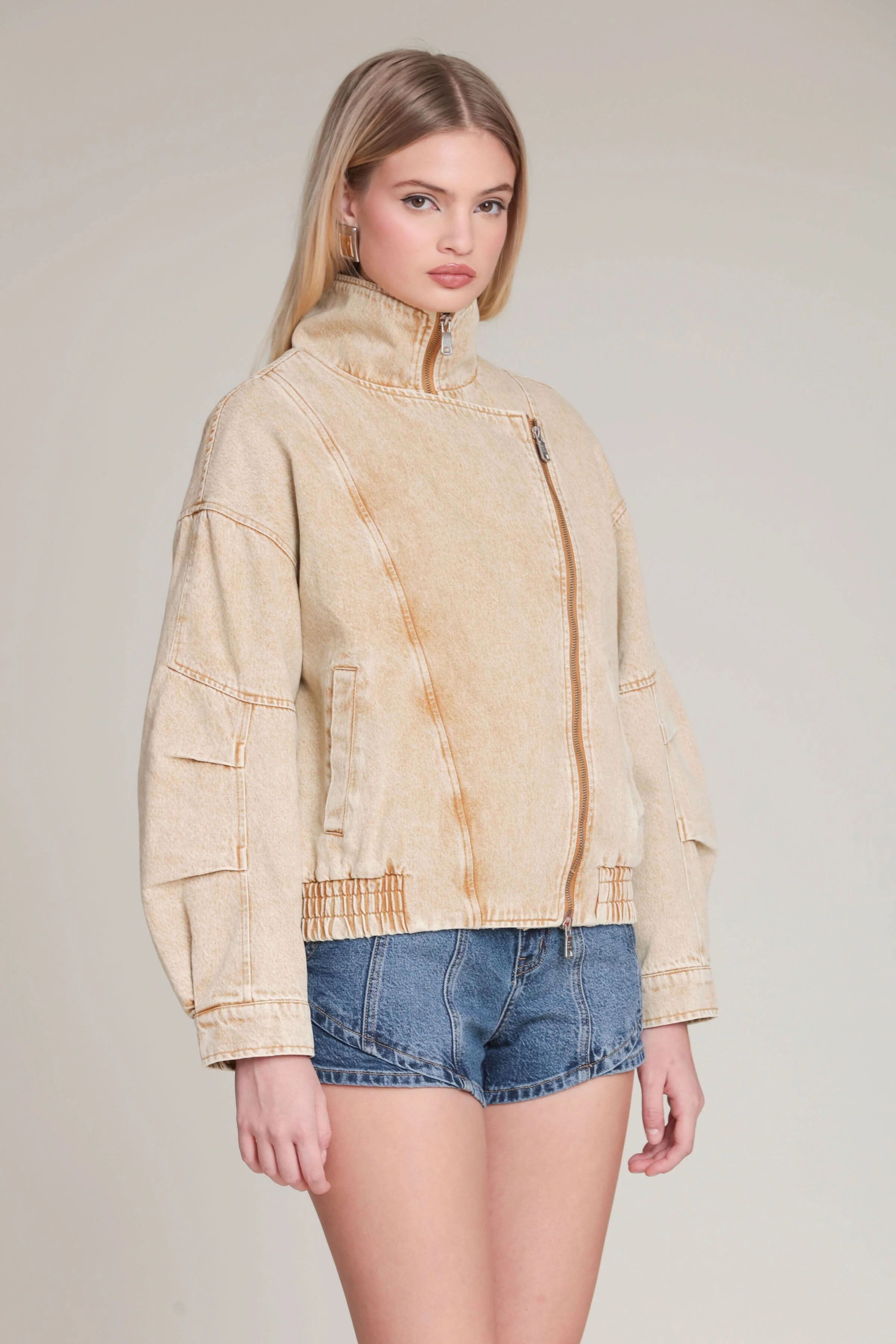 Washed Denim Asymmetric Bomber Jacket - Image 5