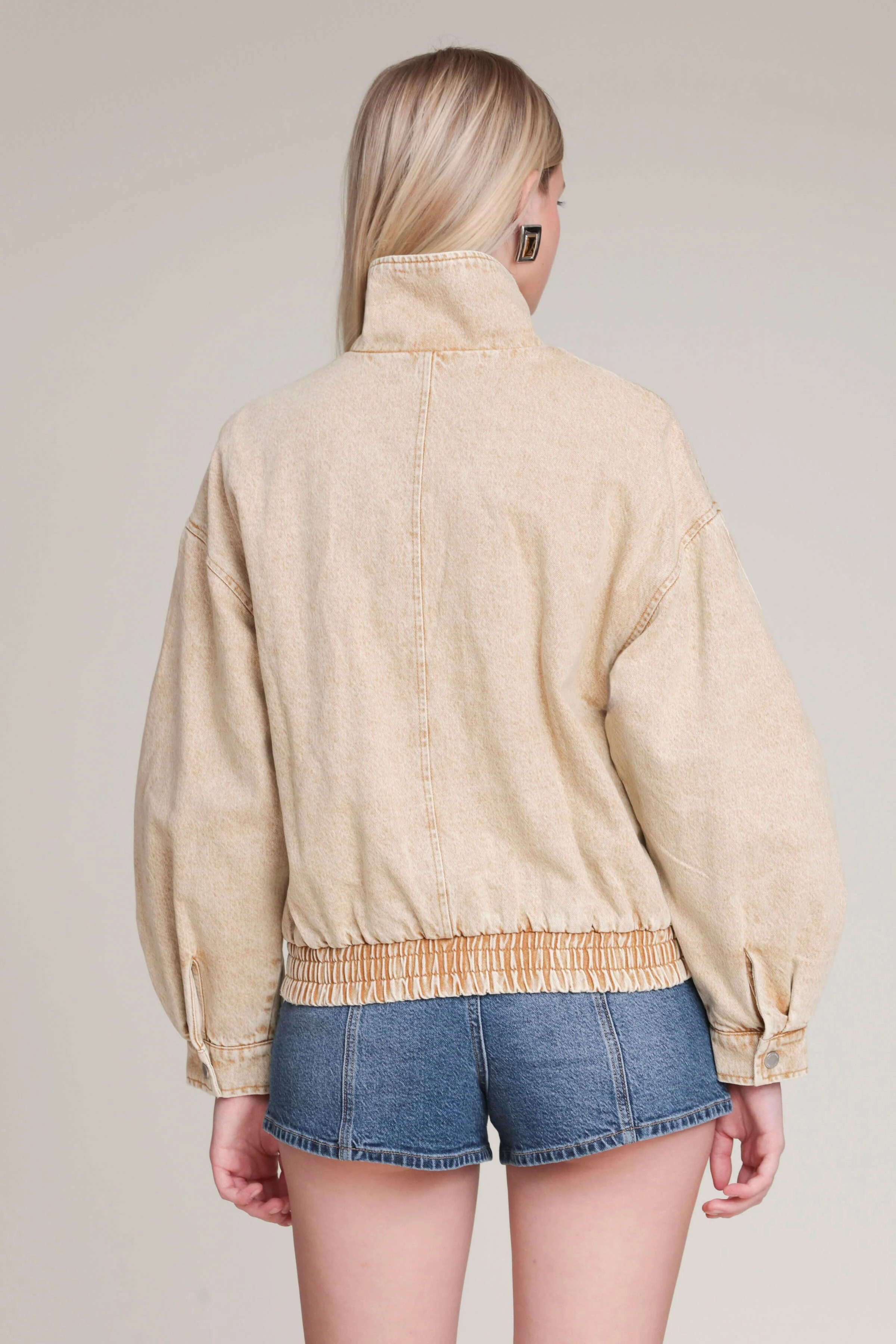 Washed Denim Asymmetric Bomber Jacket - Image 6