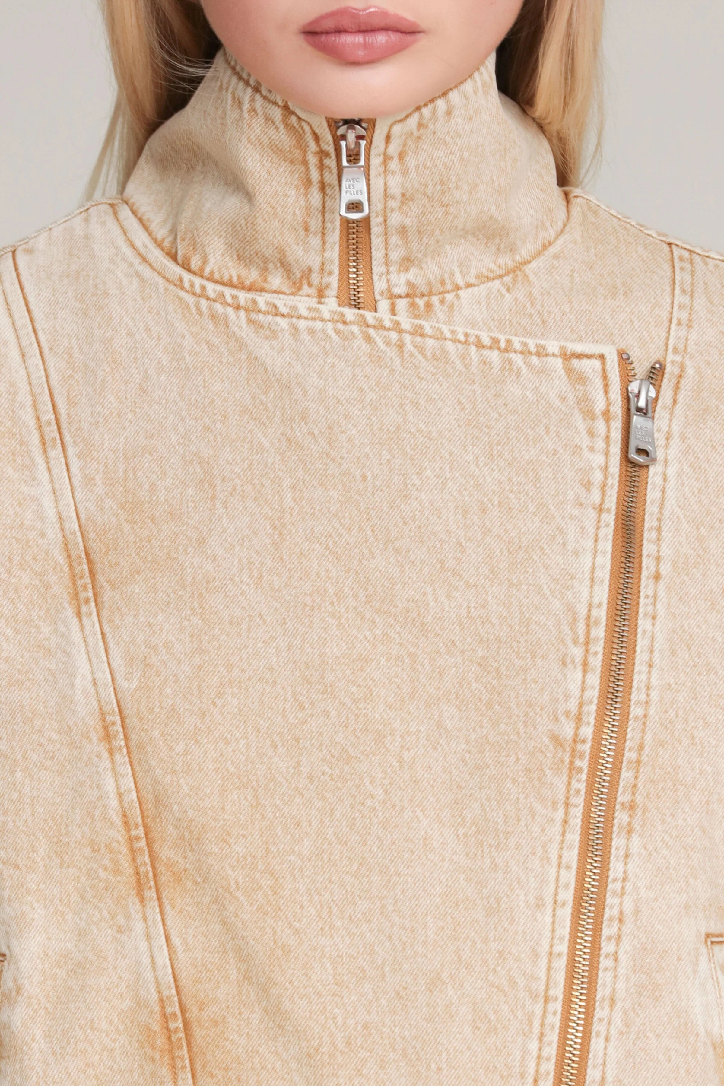 Washed Denim Asymmetric Bomber Jacket - Image 7