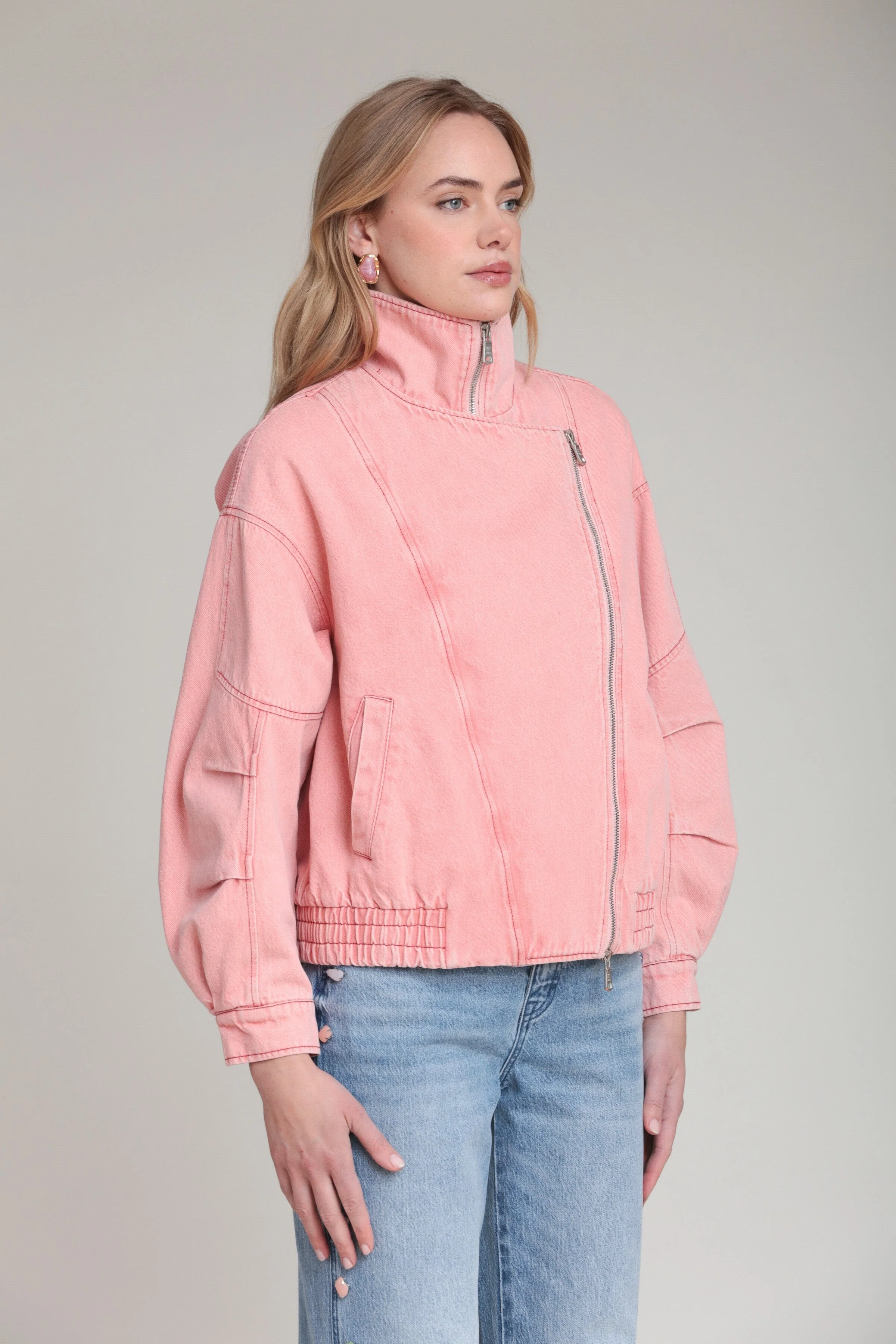 Washed Denim Asymmetric Bomber Jacket - Image 5