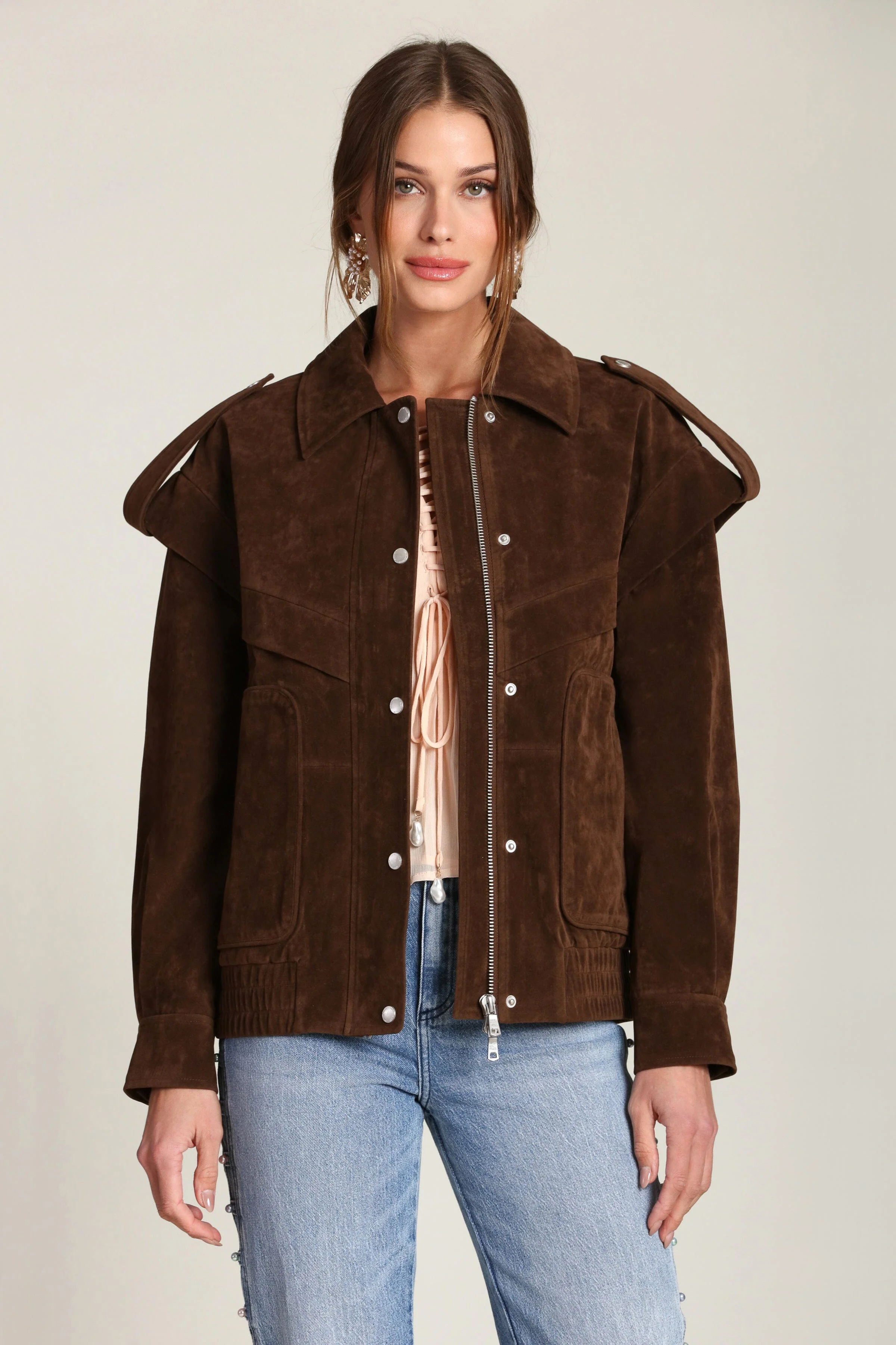 Faux Suede Layered Bomber Jacket - Image 3