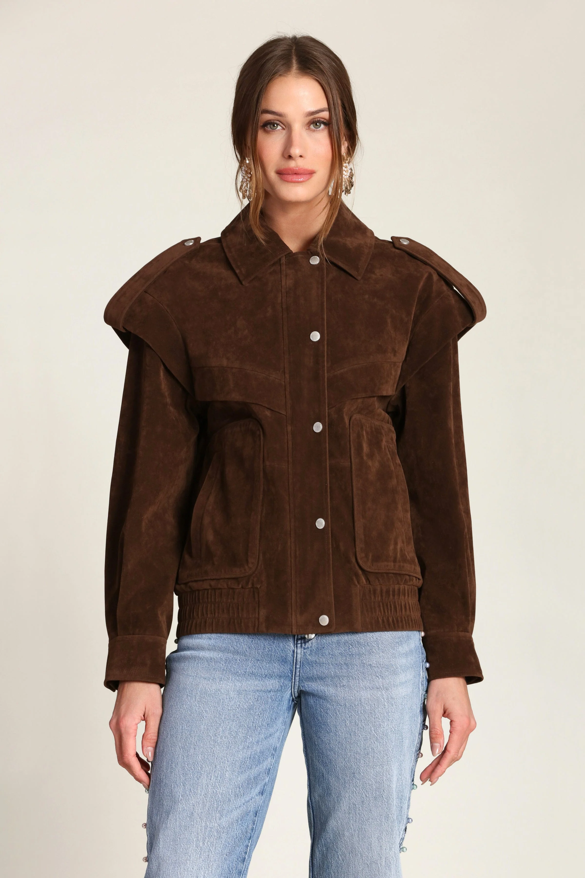 Faux Suede Layered Bomber Jacket - Image 4