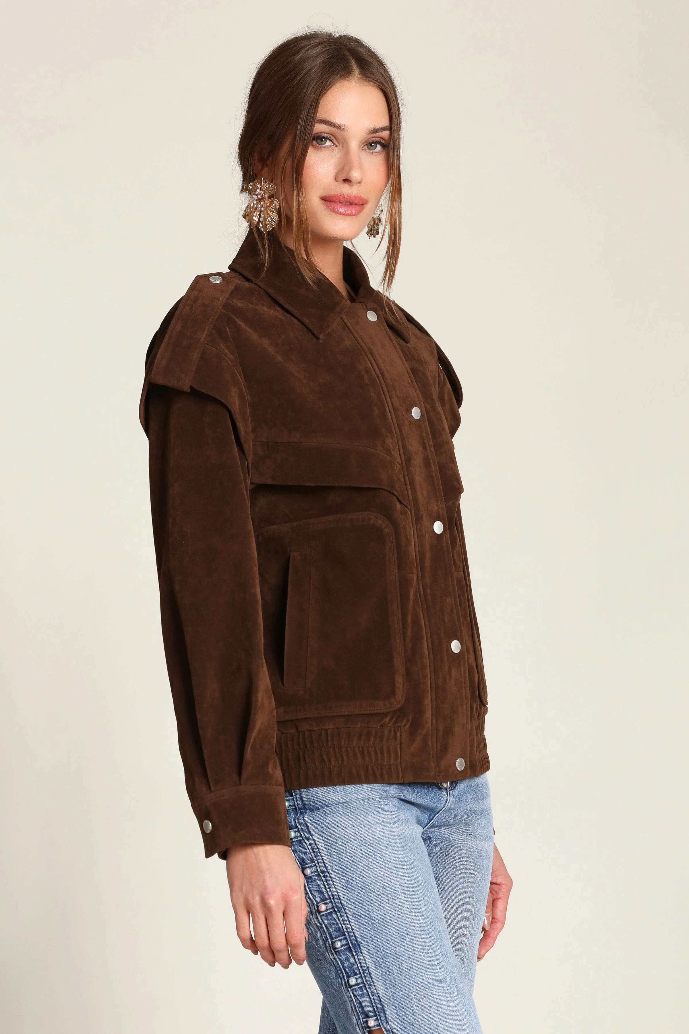 Faux Suede Layered Bomber Jacket - Image 5