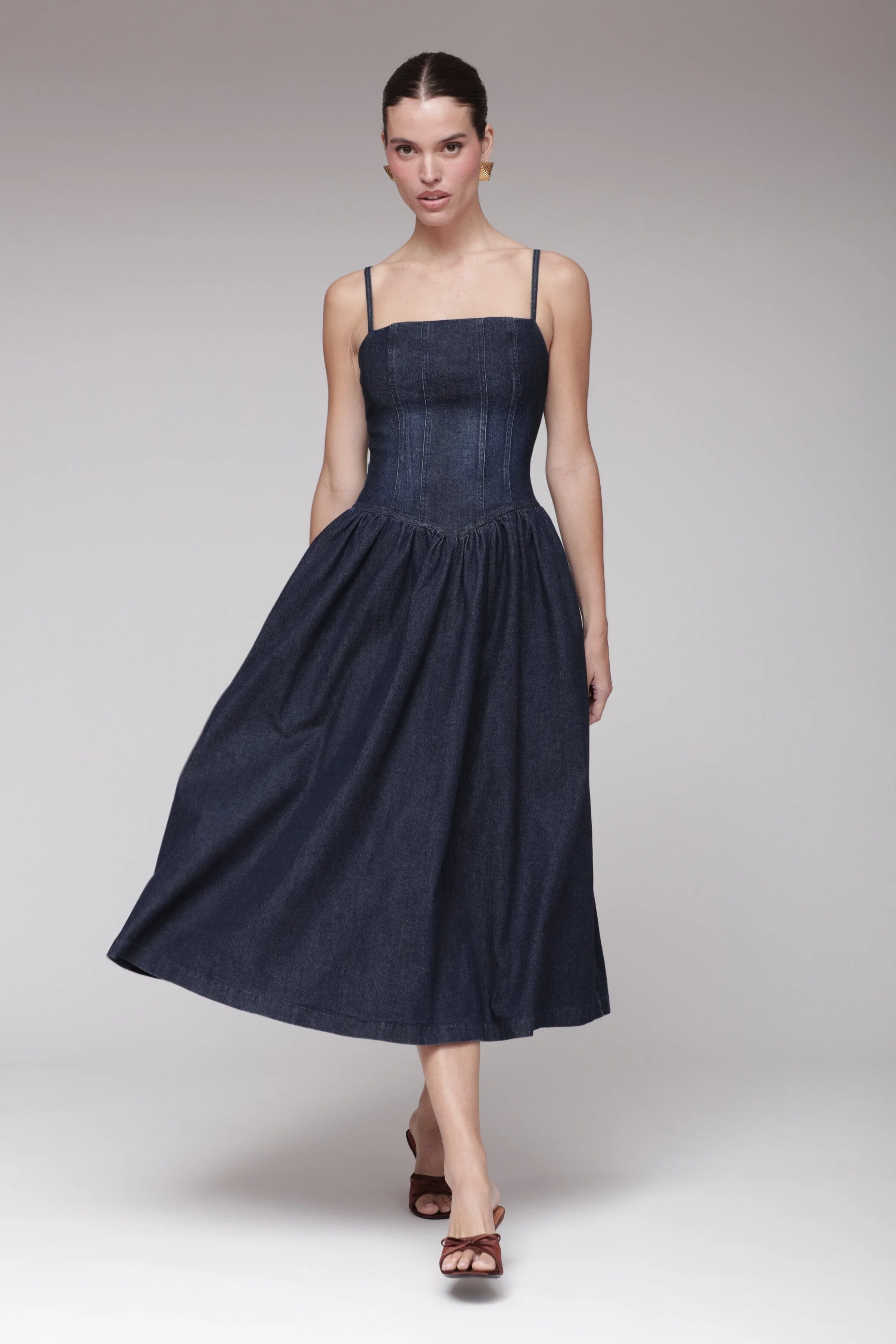 Drop Waist Denim Midi Dress - Image 3