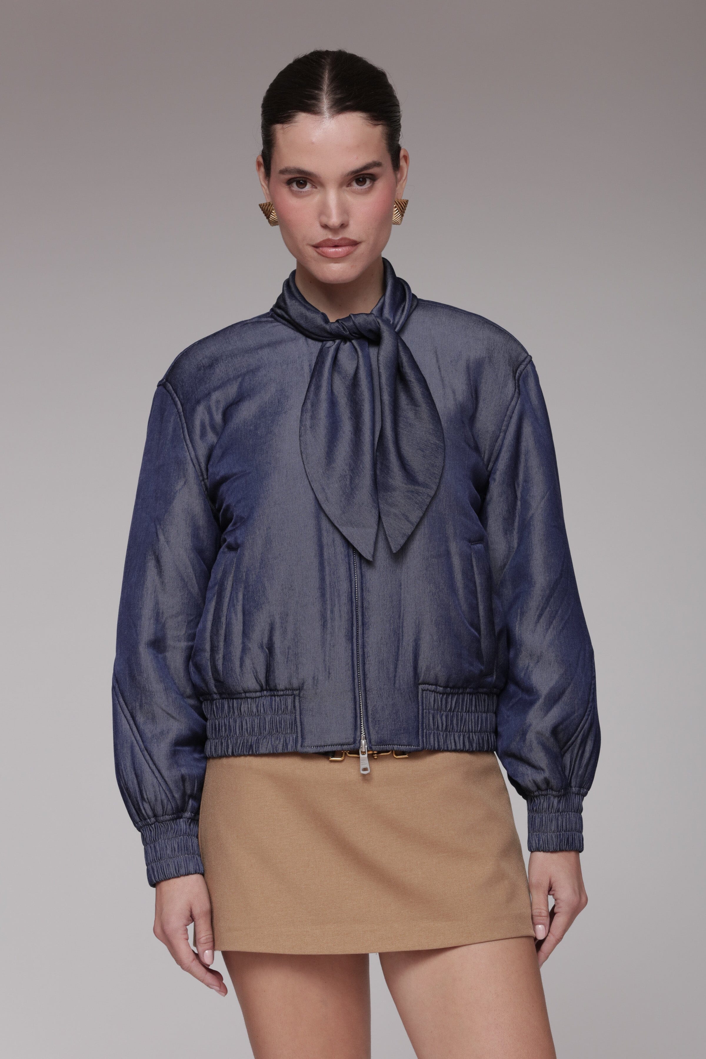 Scarf Tie Chambray Bomber Jacket - Image 3