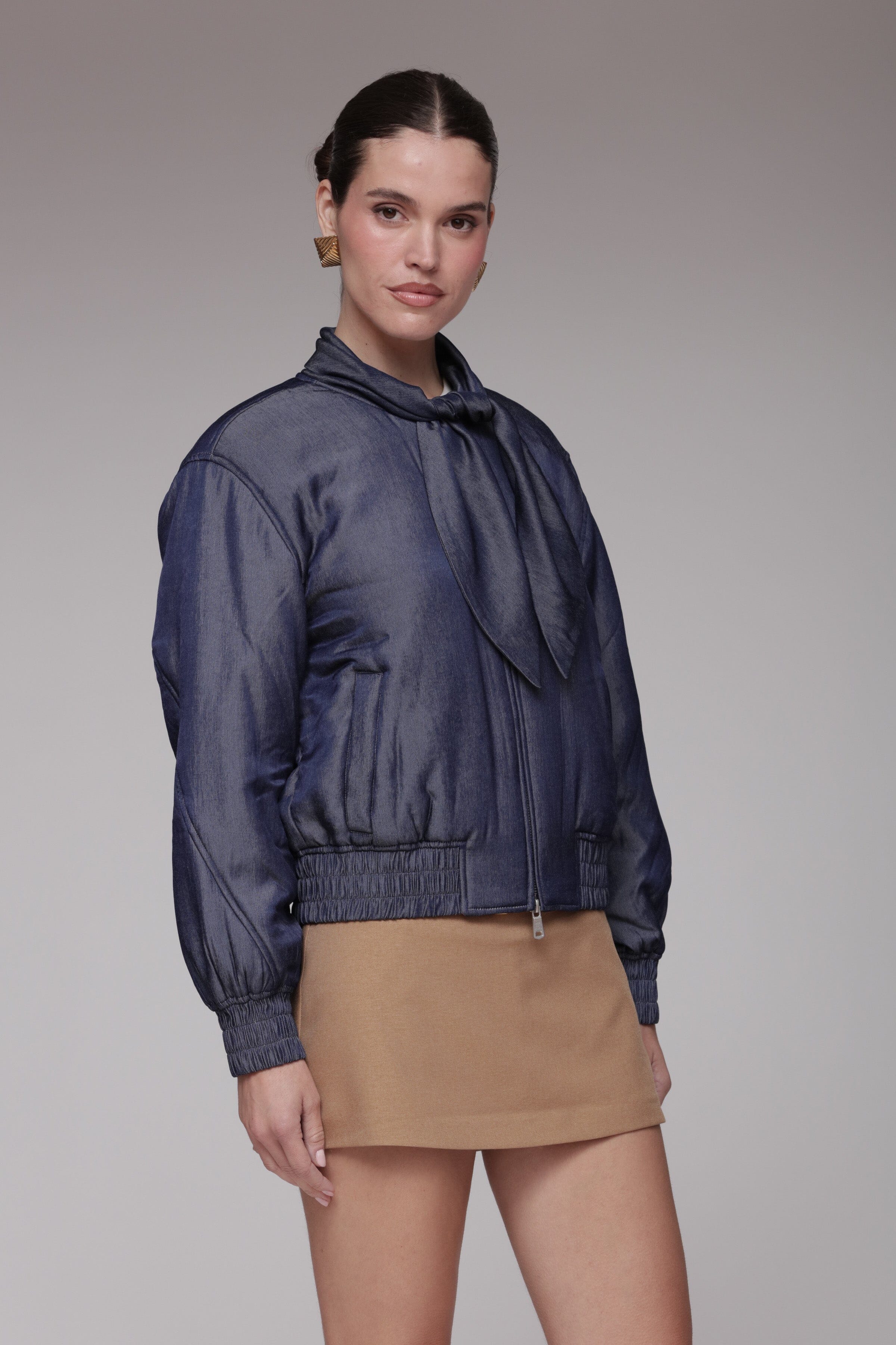 Scarf Tie Chambray Bomber Jacket - Image 6