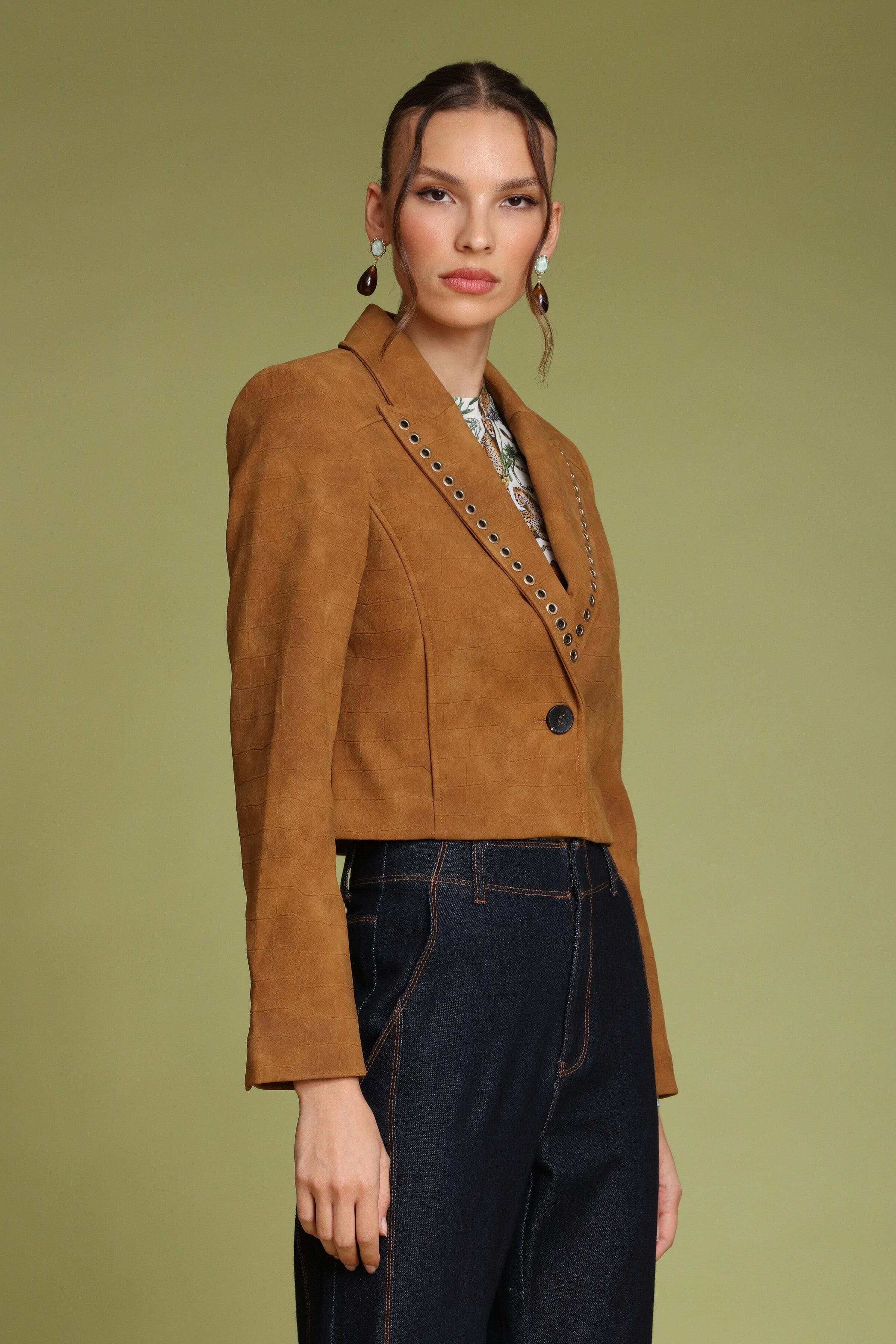 Grommet Trim Faux Croc Cropped Blazer - Image 5