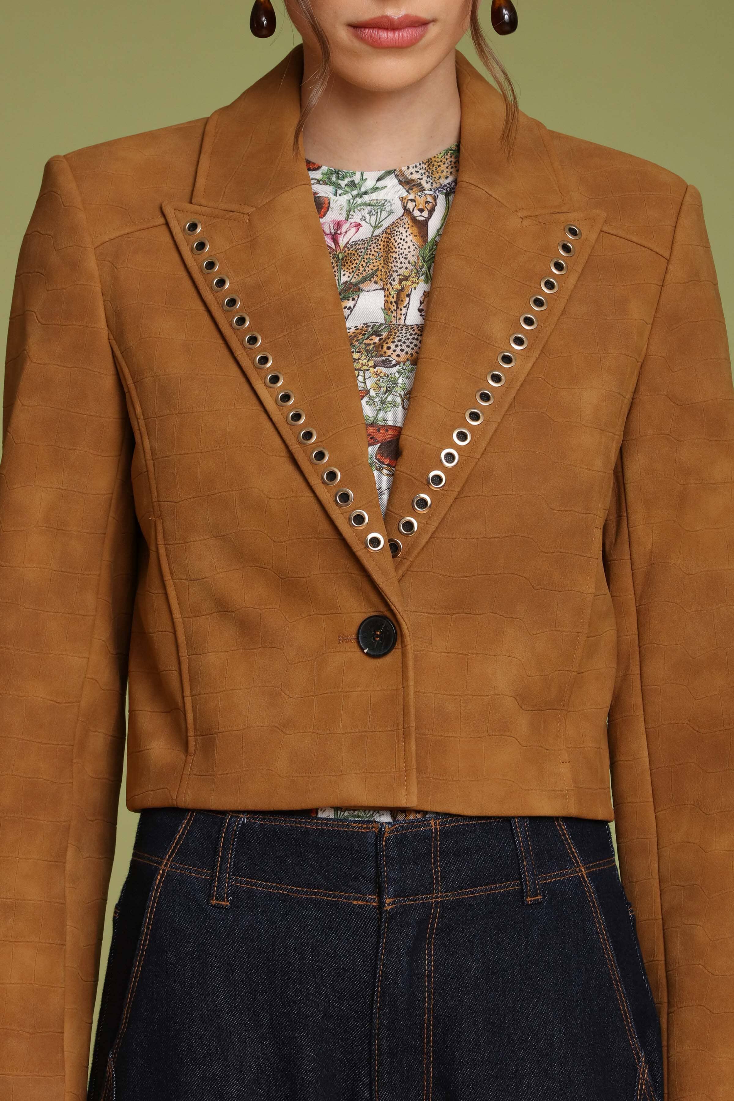 Grommet Trim Faux Croc Cropped Blazer - Image 7