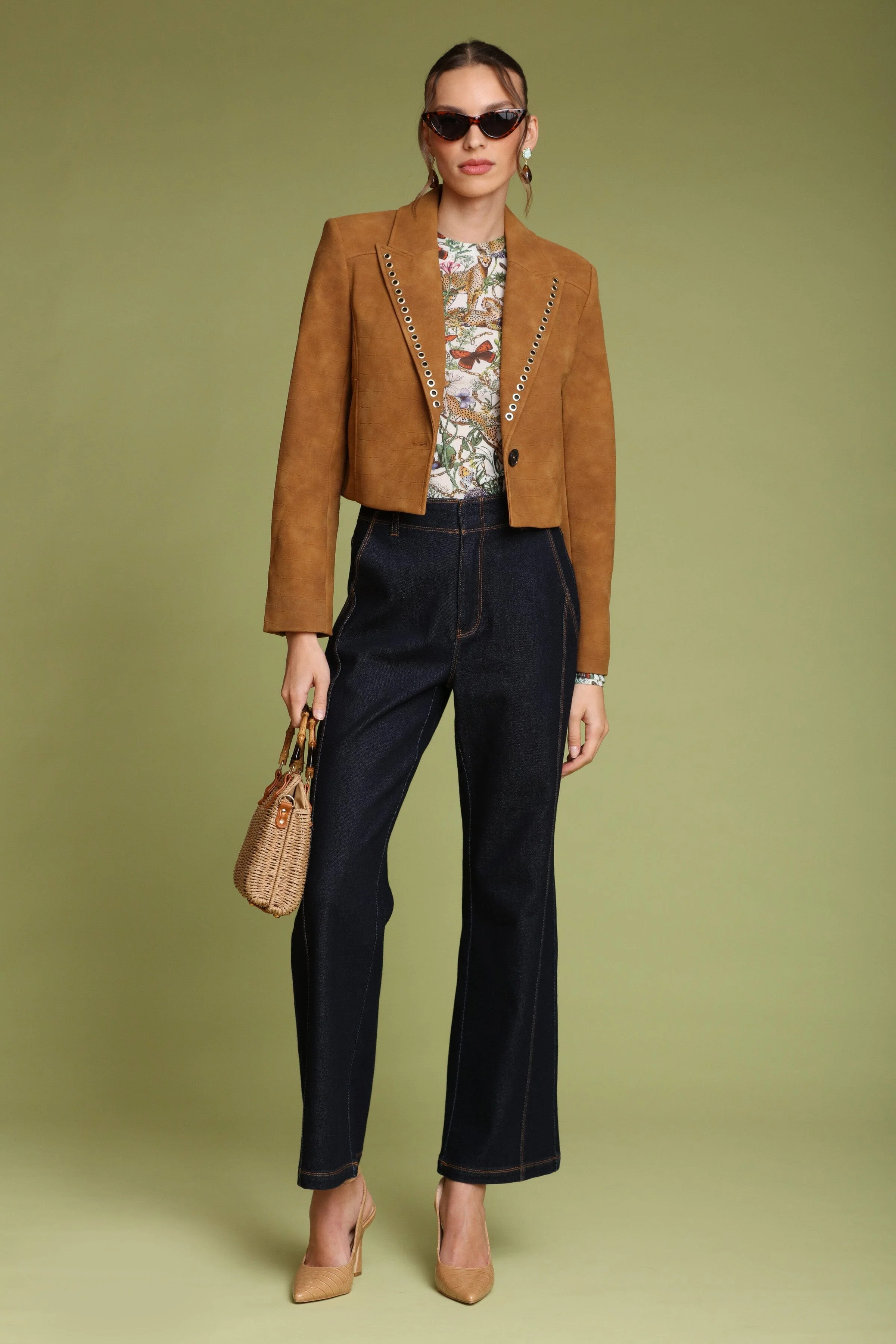 Grommet Trim Faux Croc Cropped Blazer - Image 8