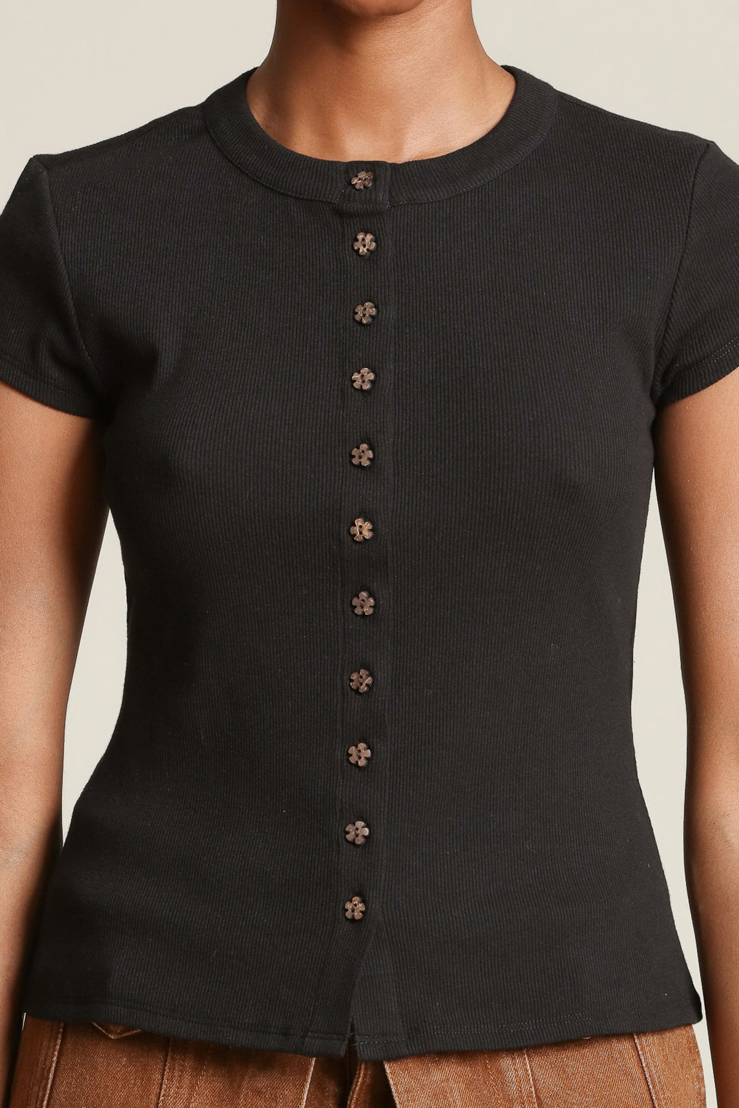 Flower Button Cotton T-Shirt - Image 6