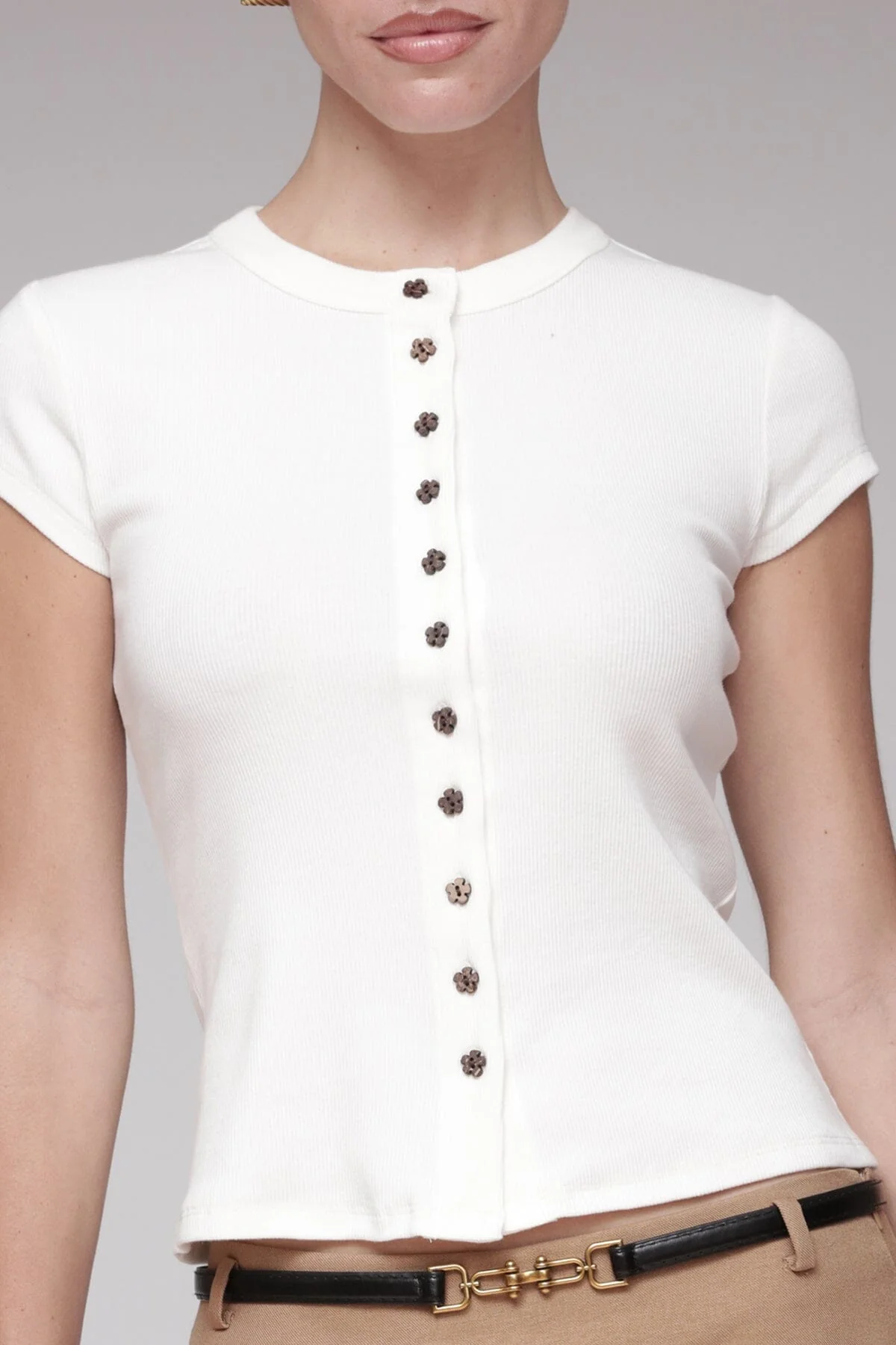 Flower Button Cotton T-Shirt - Image 6