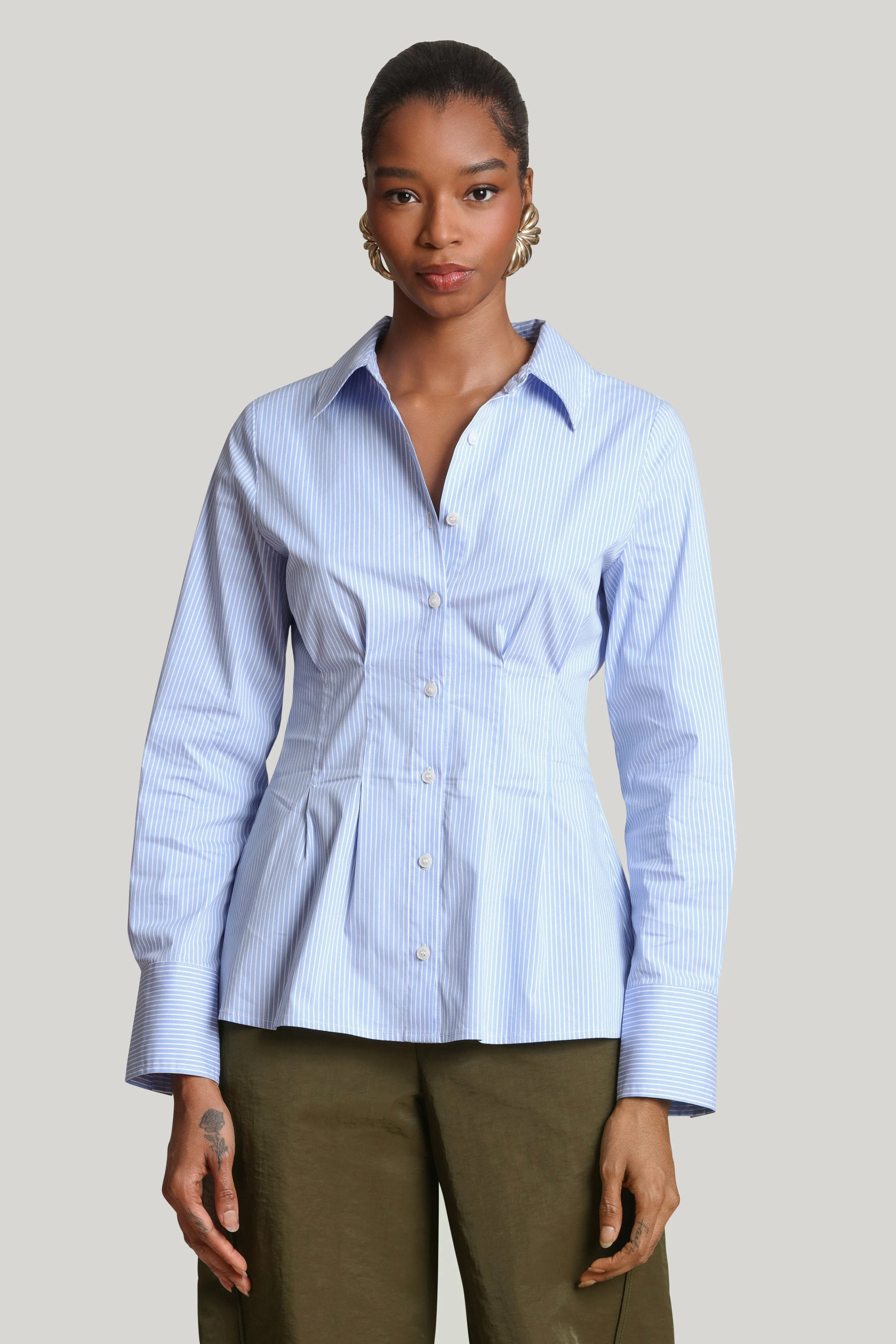 Cinch Waist Cotton Pinstripe Shirt - Image 3