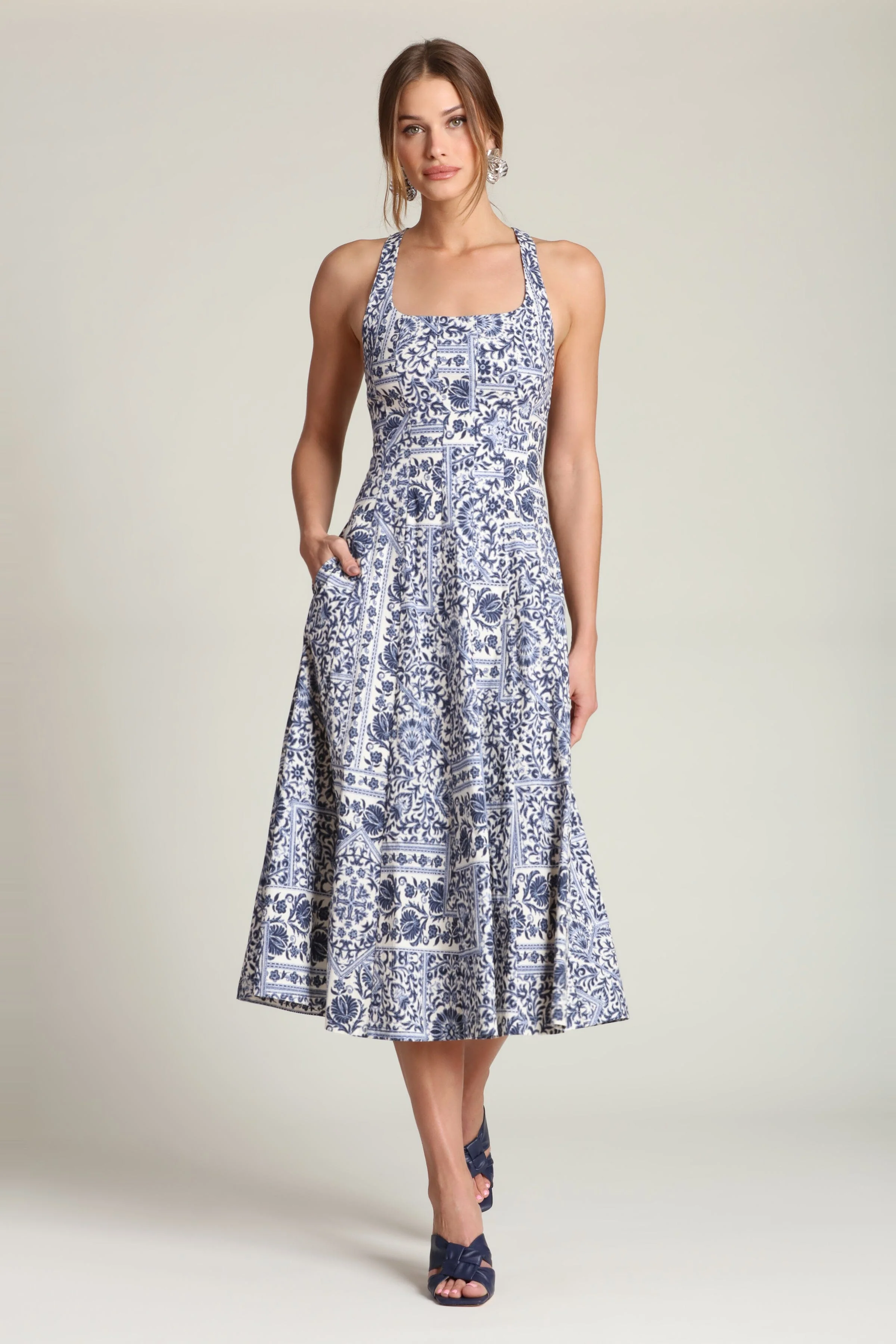 Stretch Cotton Printed Racerback Midi Dress - Image 3