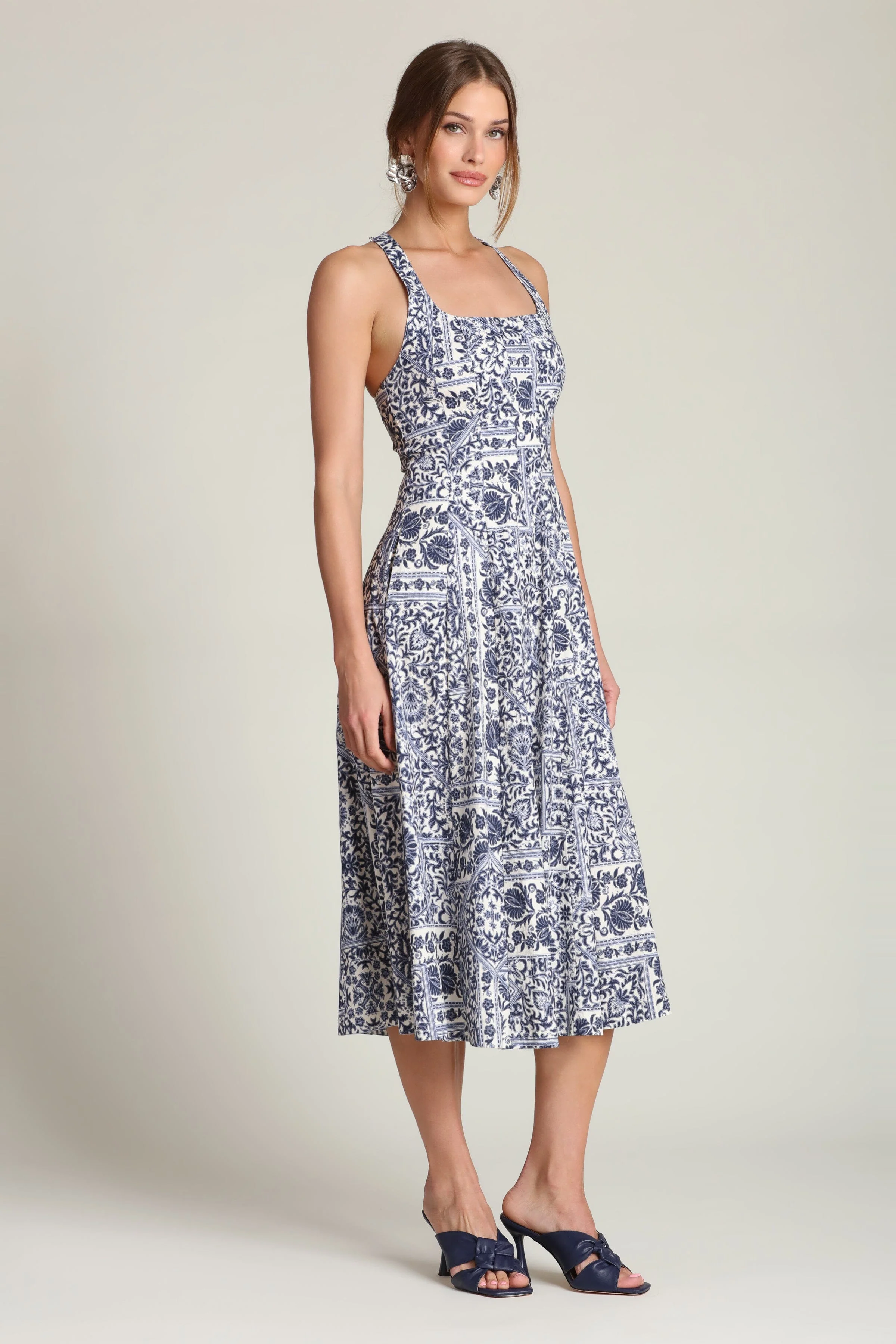 Stretch Cotton Printed Racerback Midi Dress - Image 4
