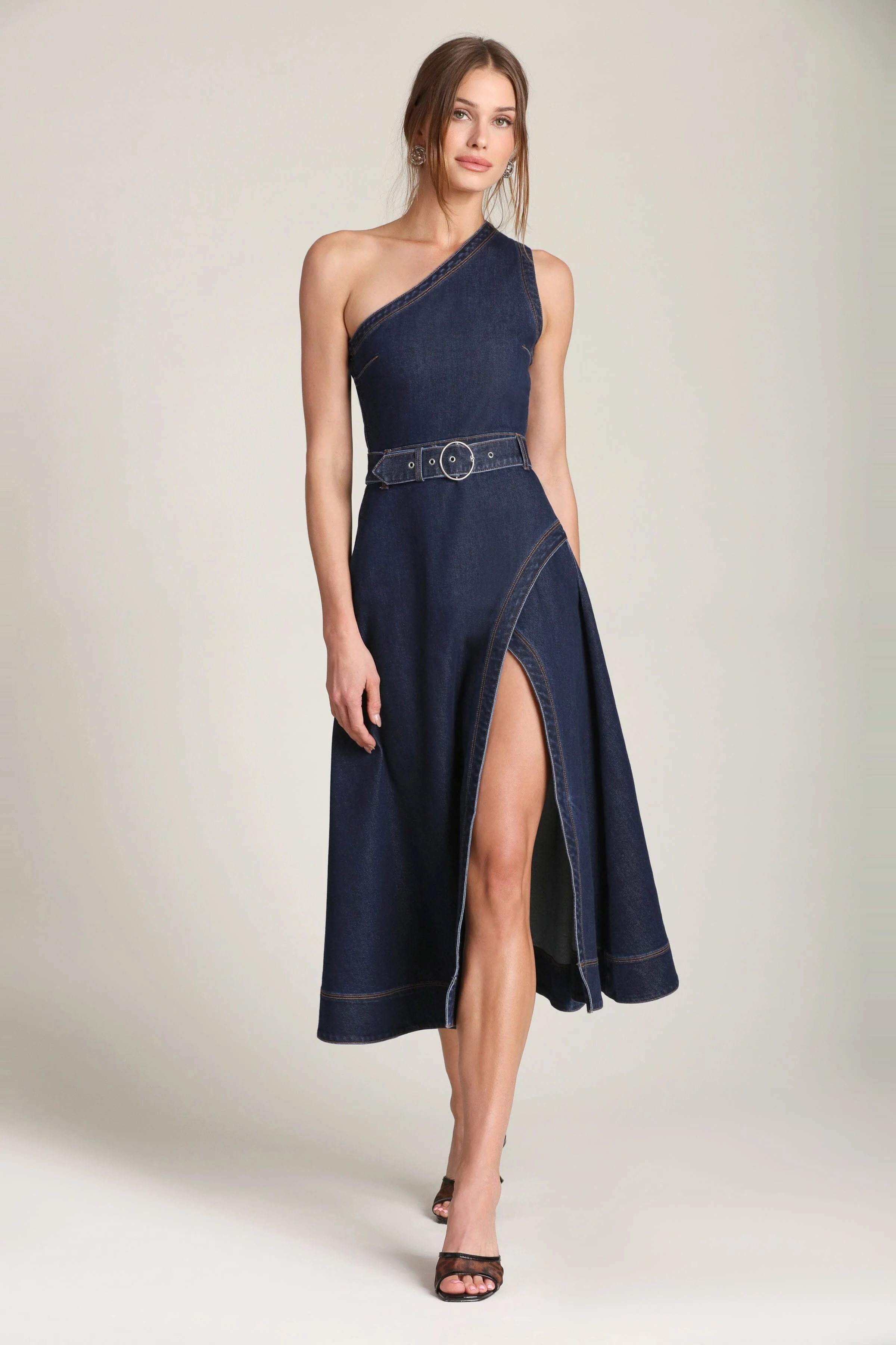 One Shoulder Belted Denim Midi Dress - Image 3