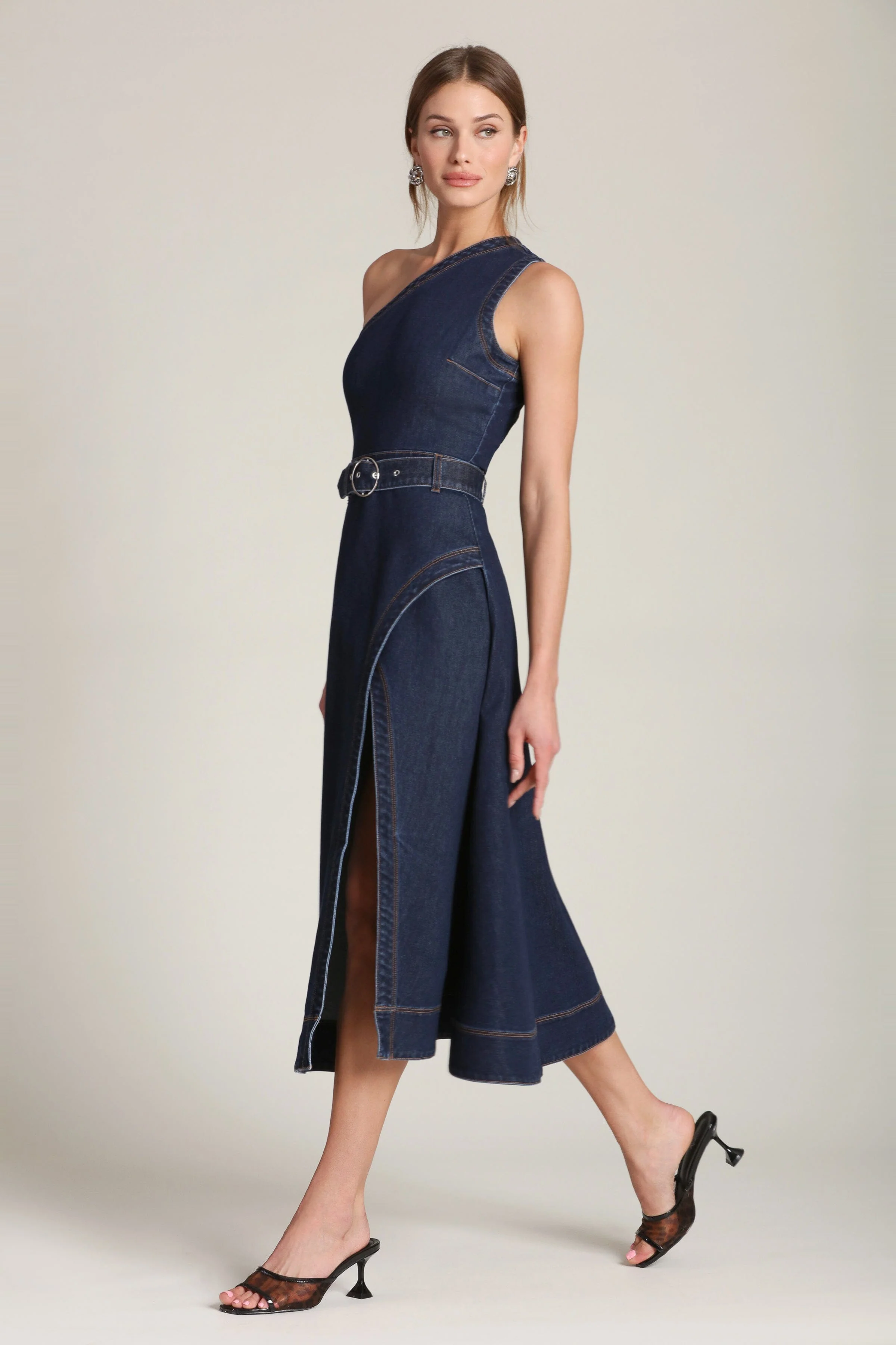 One Shoulder Belted Denim Midi Dress - Image 4