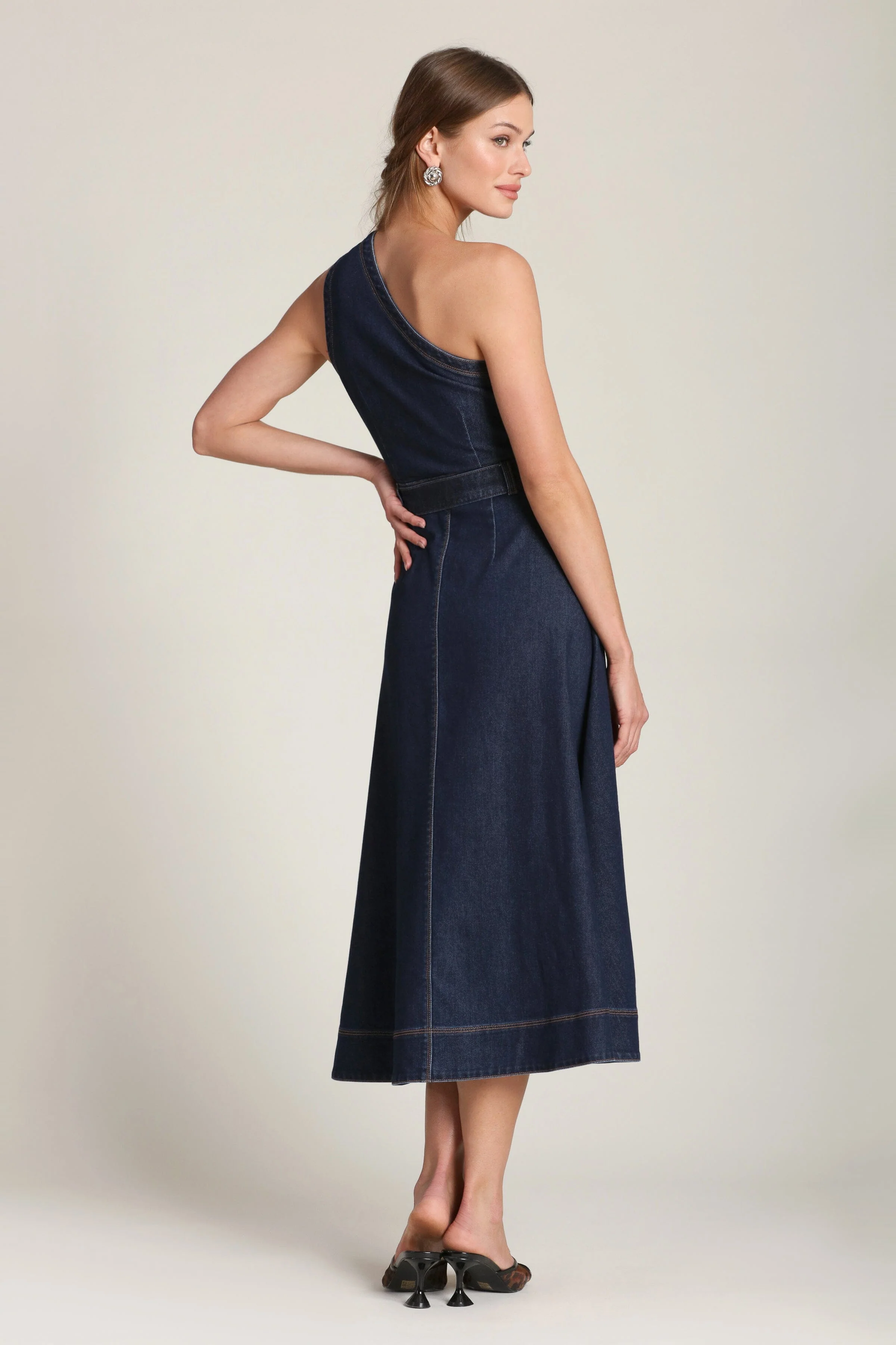 One Shoulder Belted Denim Midi Dress - Image 5