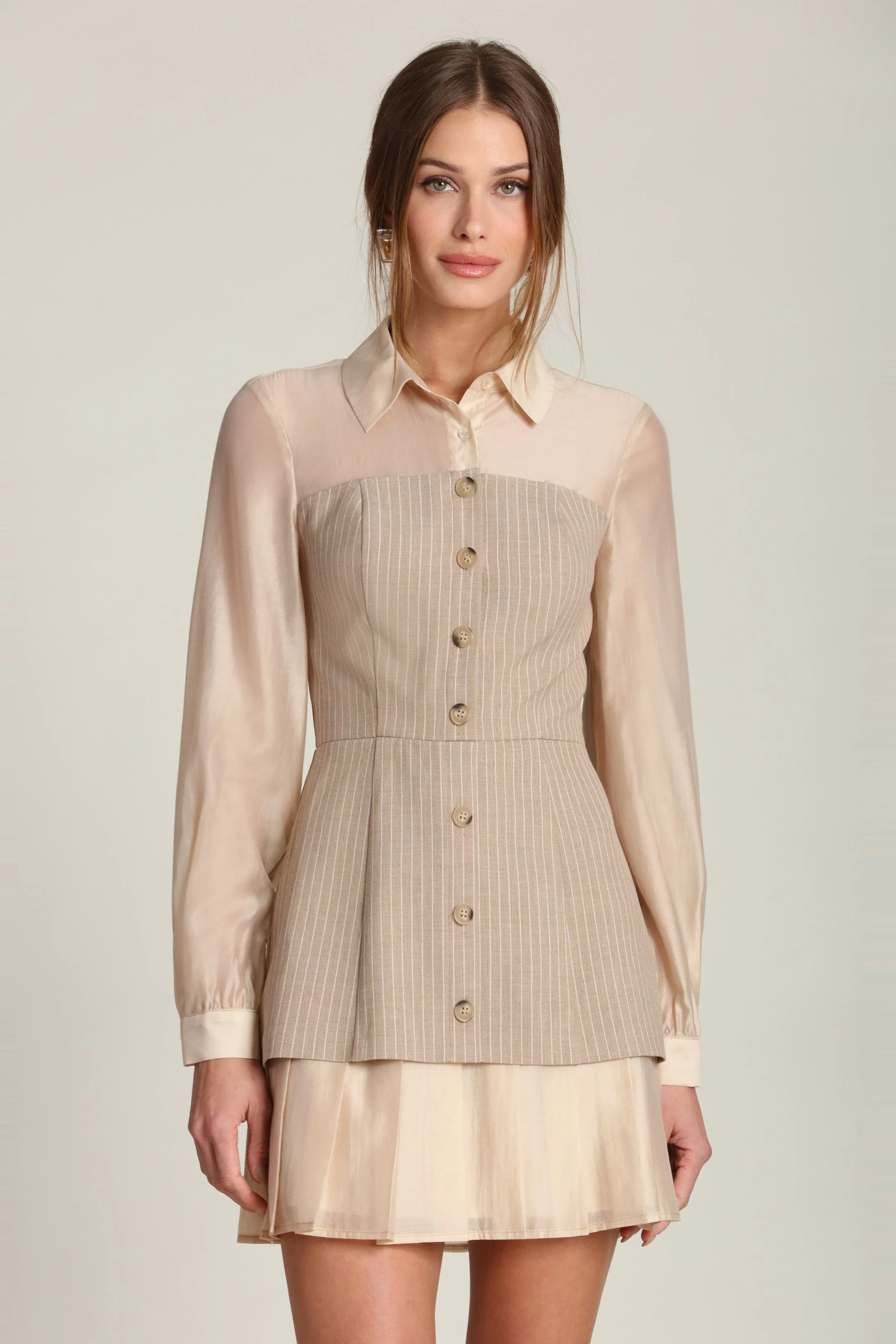 Pinstripe Organza Mixed Media Shirtdress - Image 4