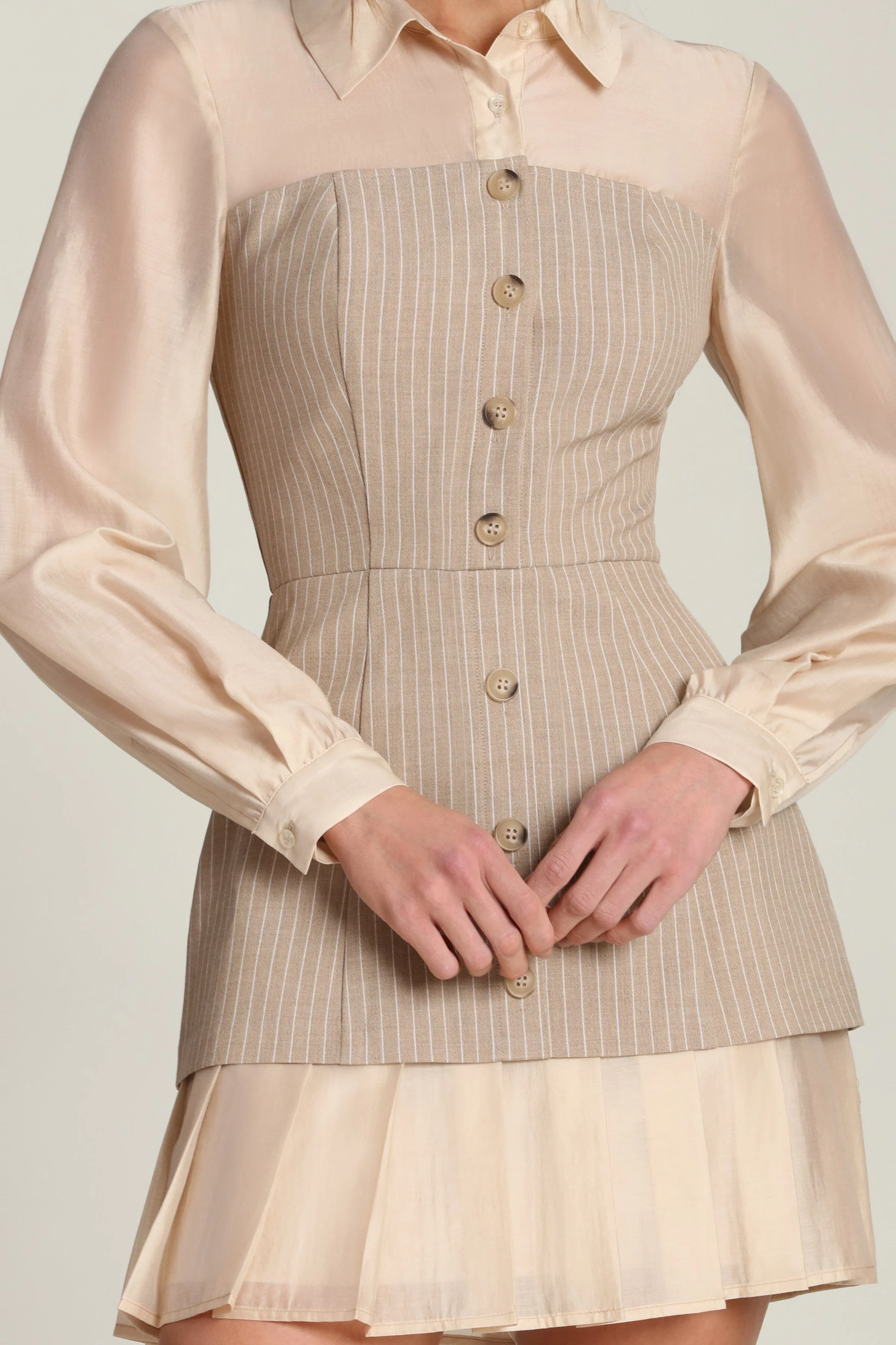 Pinstripe Organza Mixed Media Shirtdress - Image 7