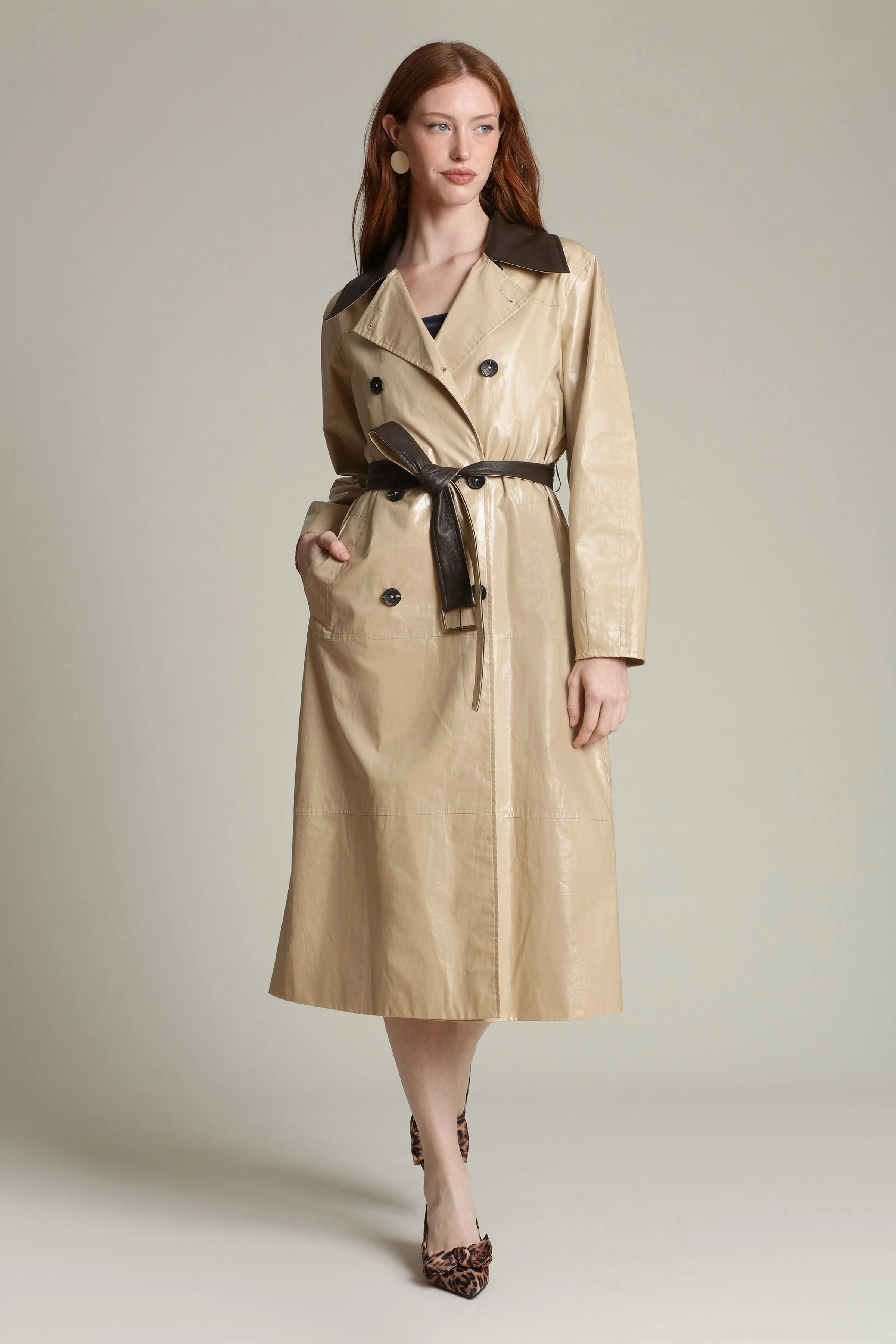 Faux Leather Contrast Trim Trench Coat - Image 3