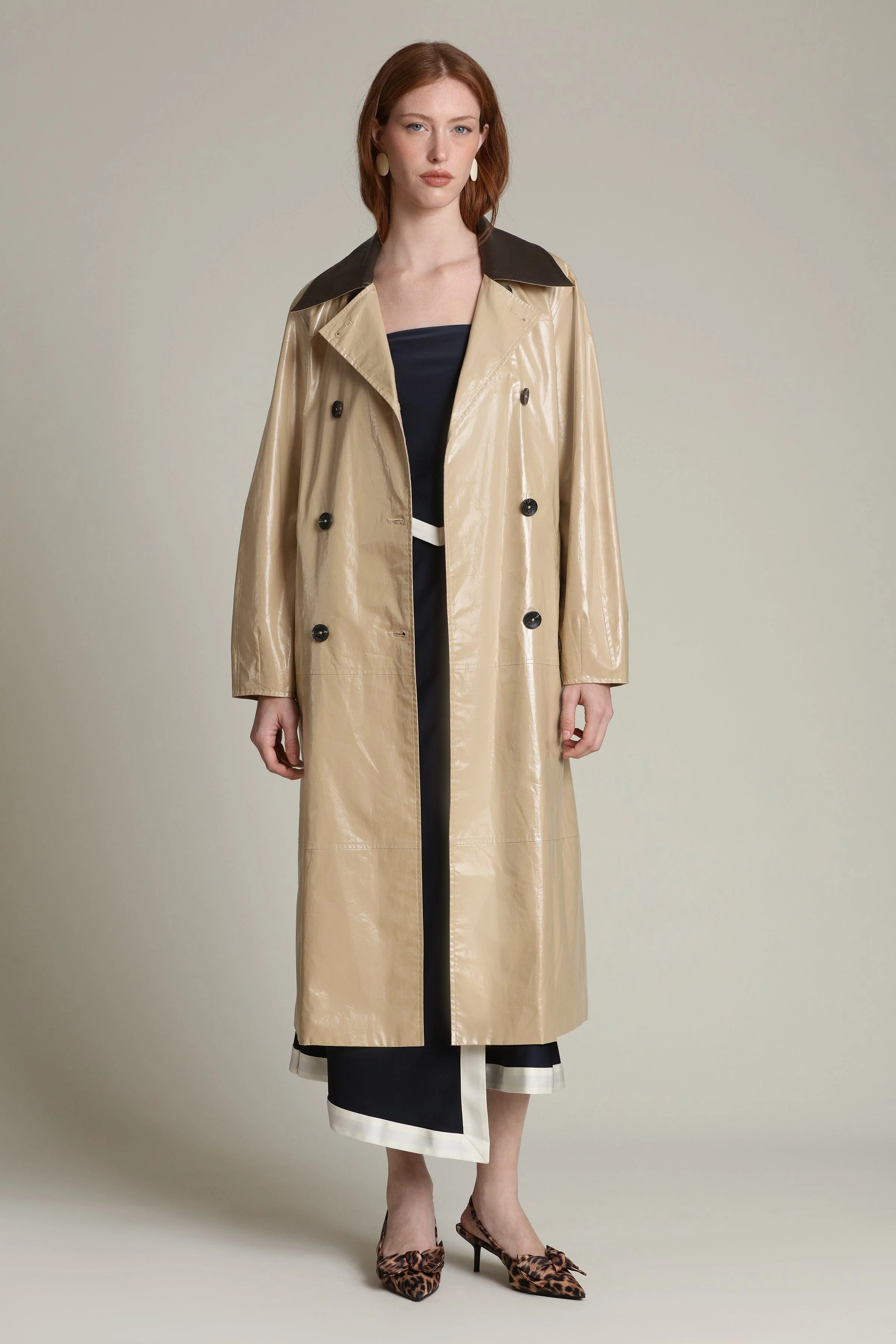 Faux Leather Contrast Trim Trench Coat - Image 4