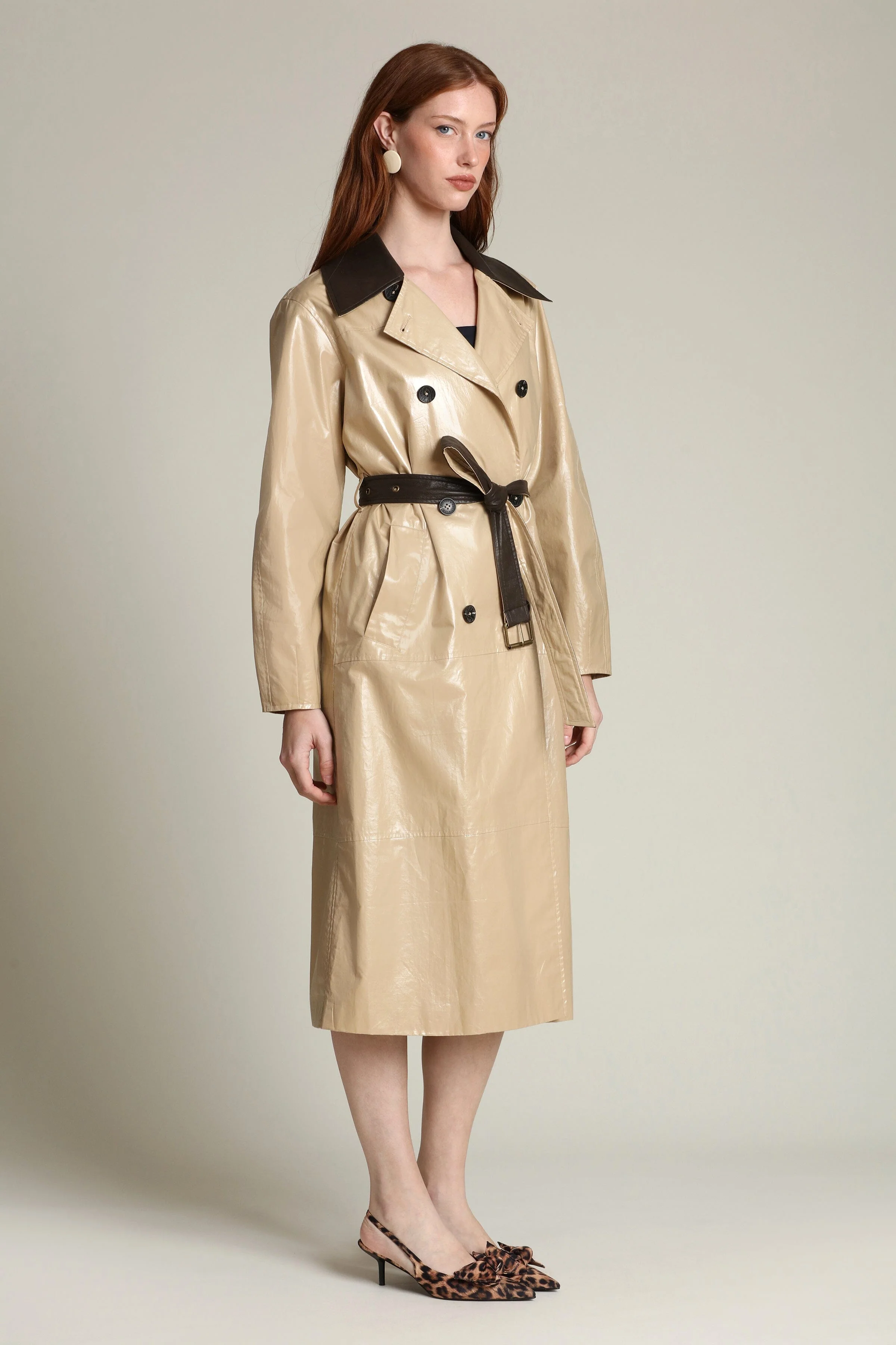Faux Leather Contrast Trim Trench Coat - Image 5