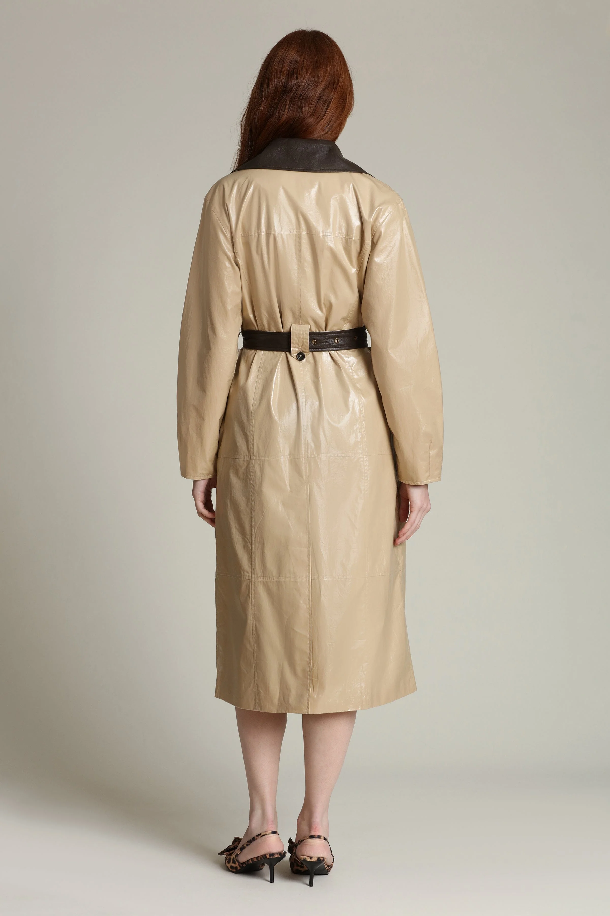 Faux Leather Contrast Trim Trench Coat - Image 6