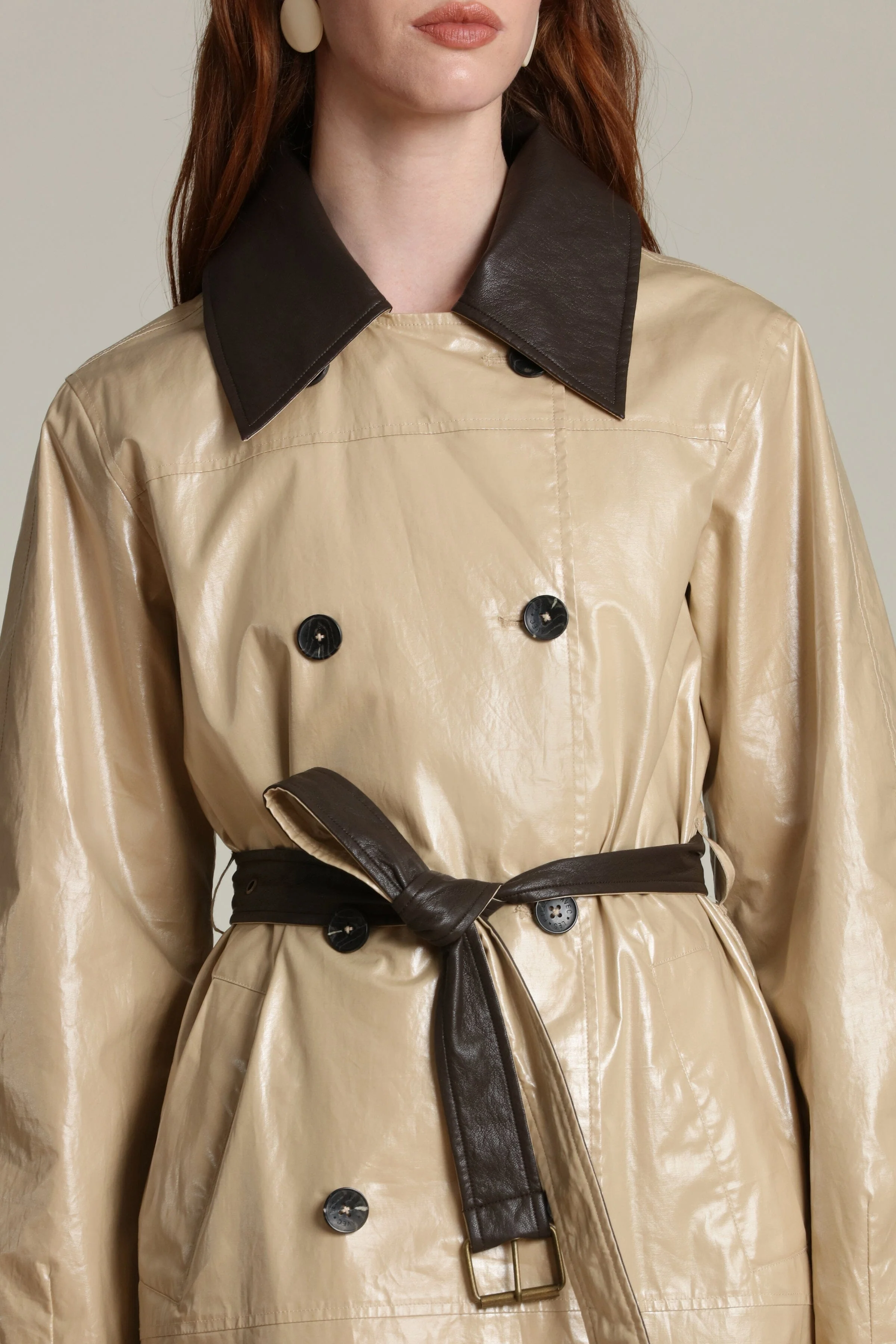 Faux Leather Contrast Trim Trench Coat - Image 7