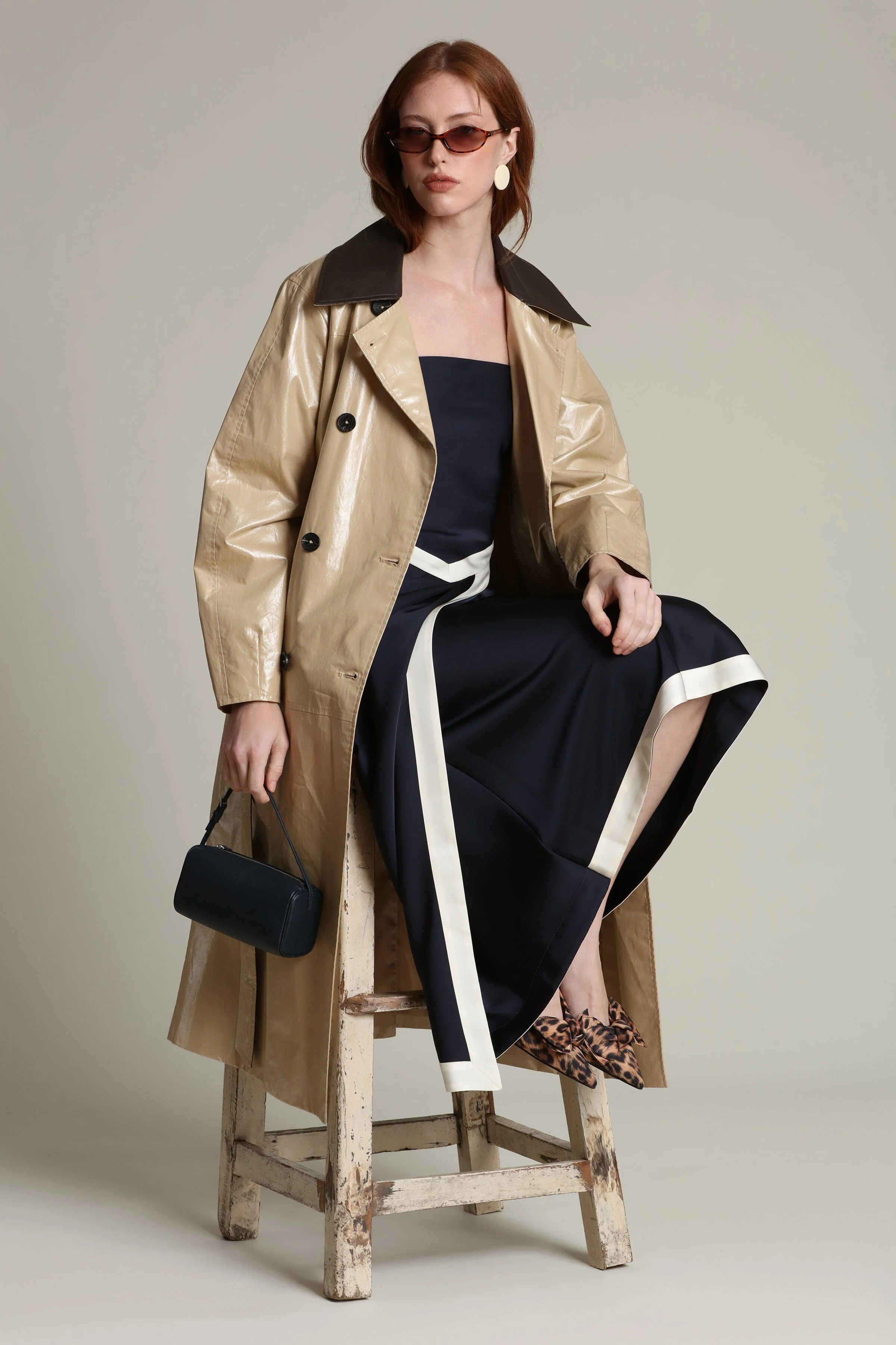 Faux Leather Contrast Trim Trench Coat - Image 8