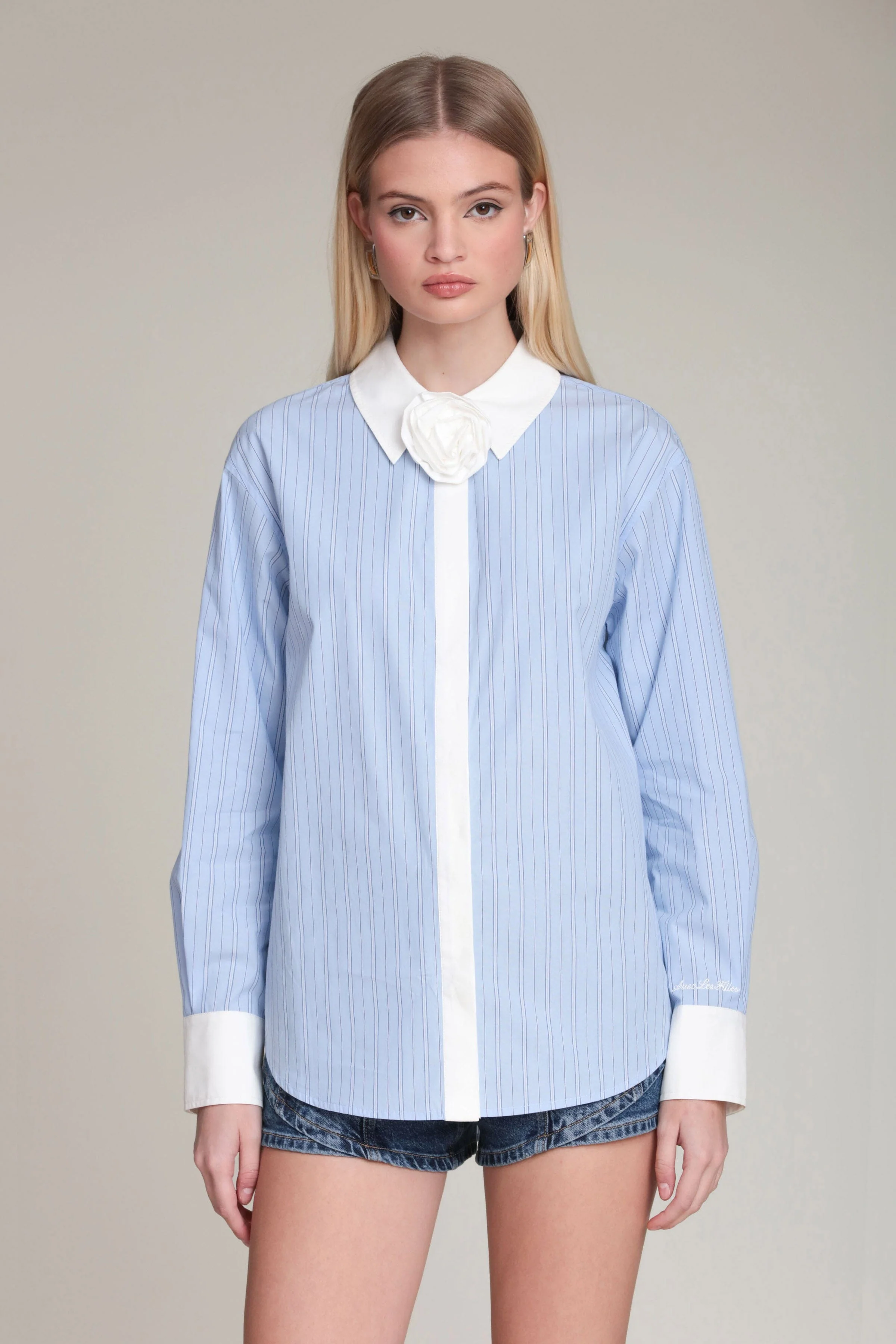 Rosette Detail Cotton Contrast Shirt - Image 3