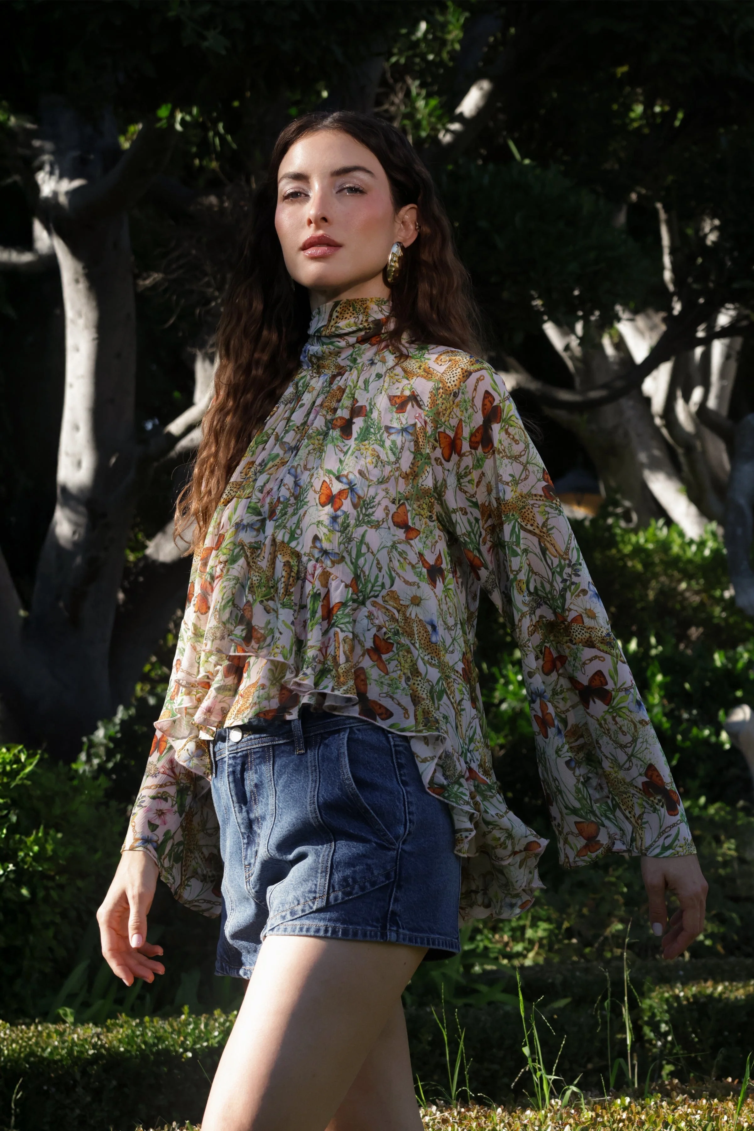 Botanical Print Chiffon Ruffle Blouse - Image 3