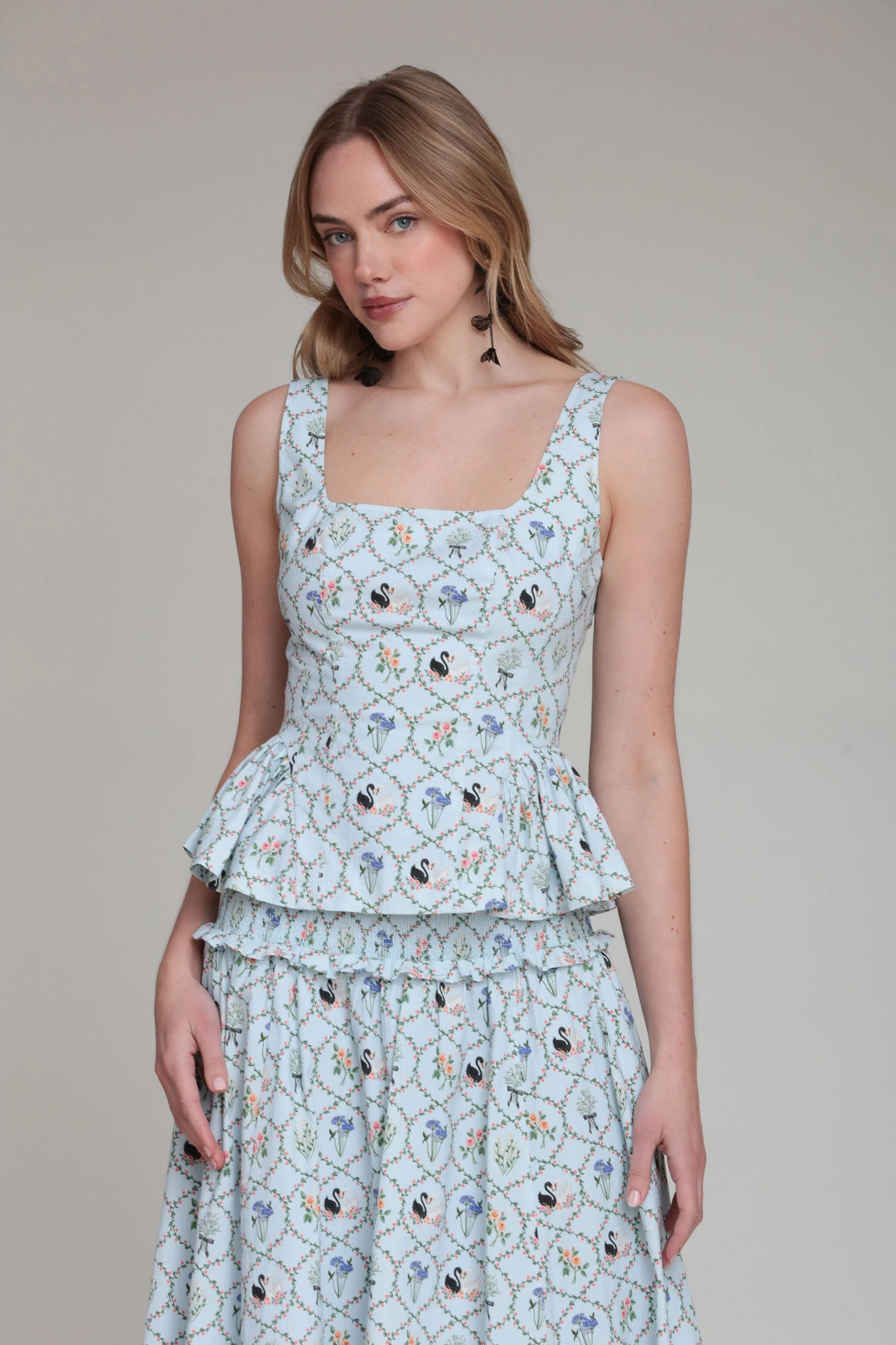 Floral Lattice Stretch Cotton Peplum Top - Image 3