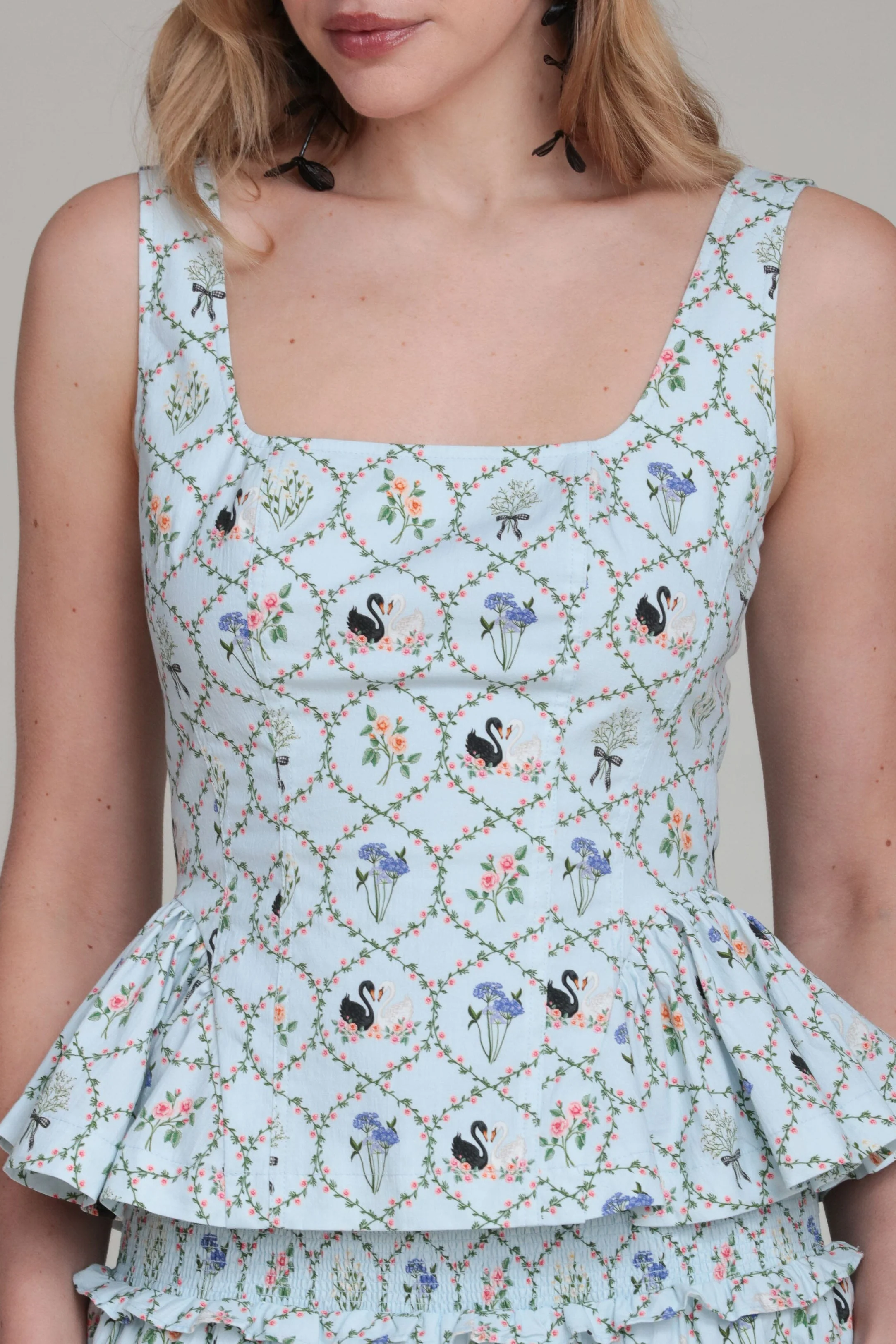 Floral Lattice Stretch Cotton Peplum Top - Image 6